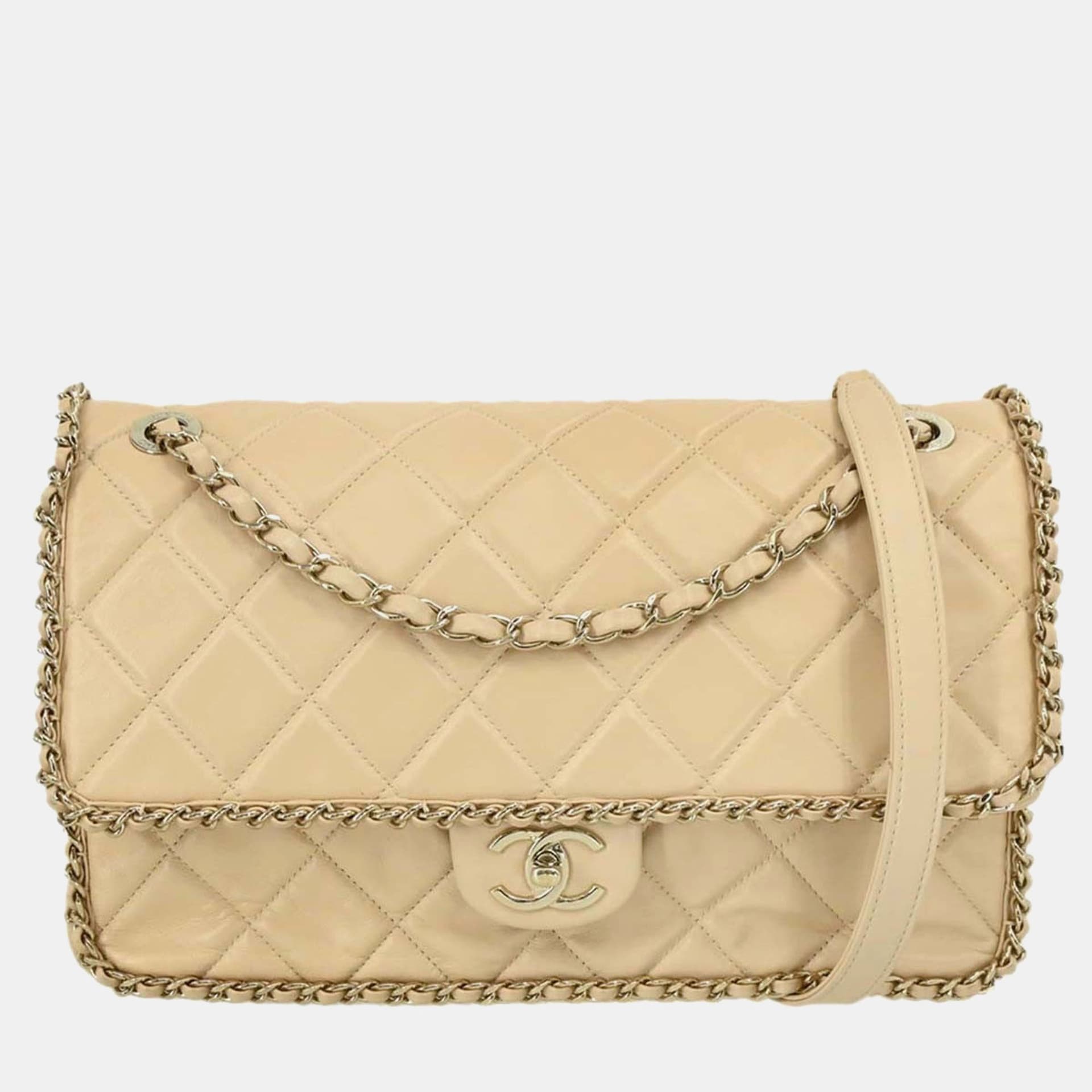 Chanel Chain All Over Jumbo Beige Lambskin Flap Shoulder Bag