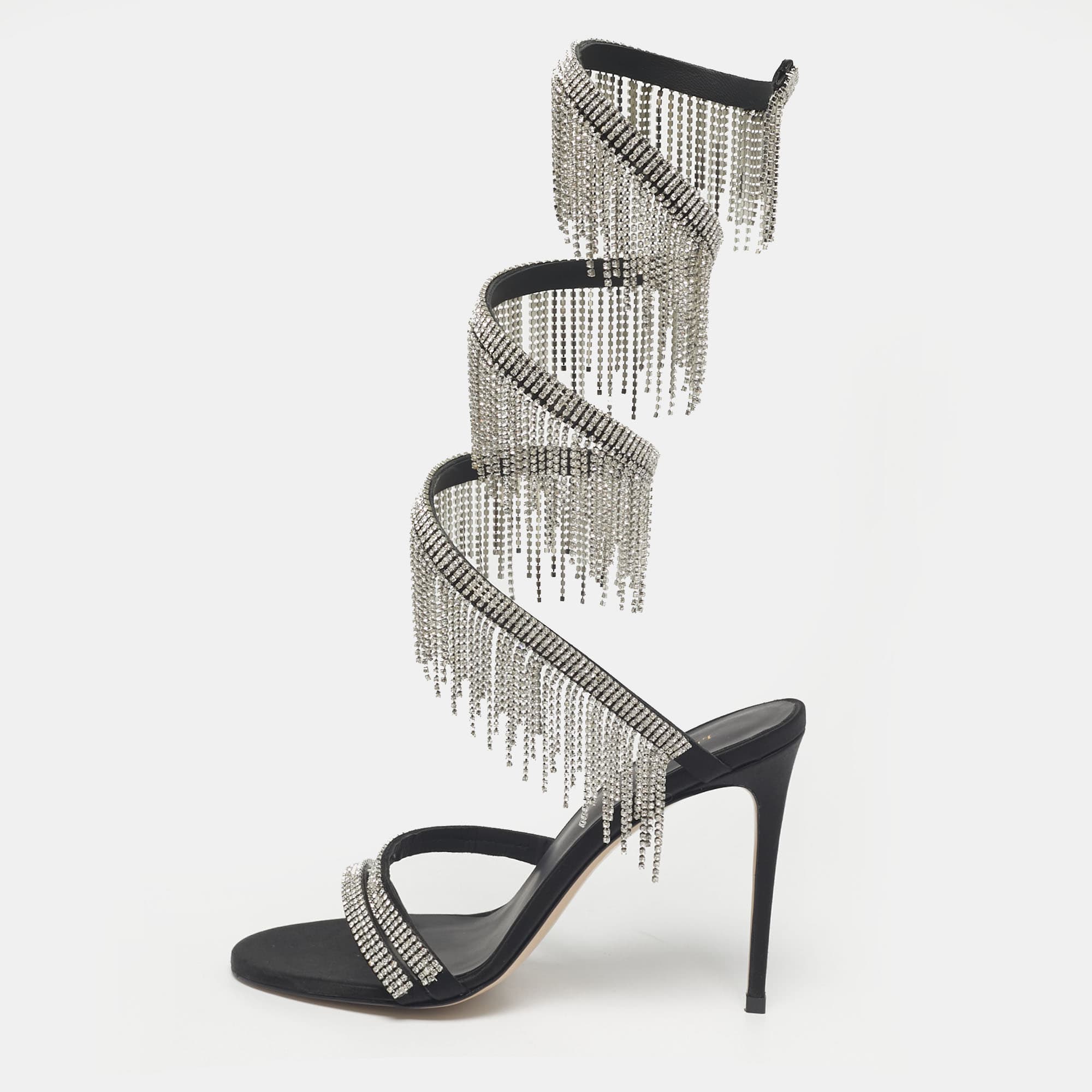Le Silla Black Satin Crystal Embellished Jewels Ankle Wrap Sandals Size 39