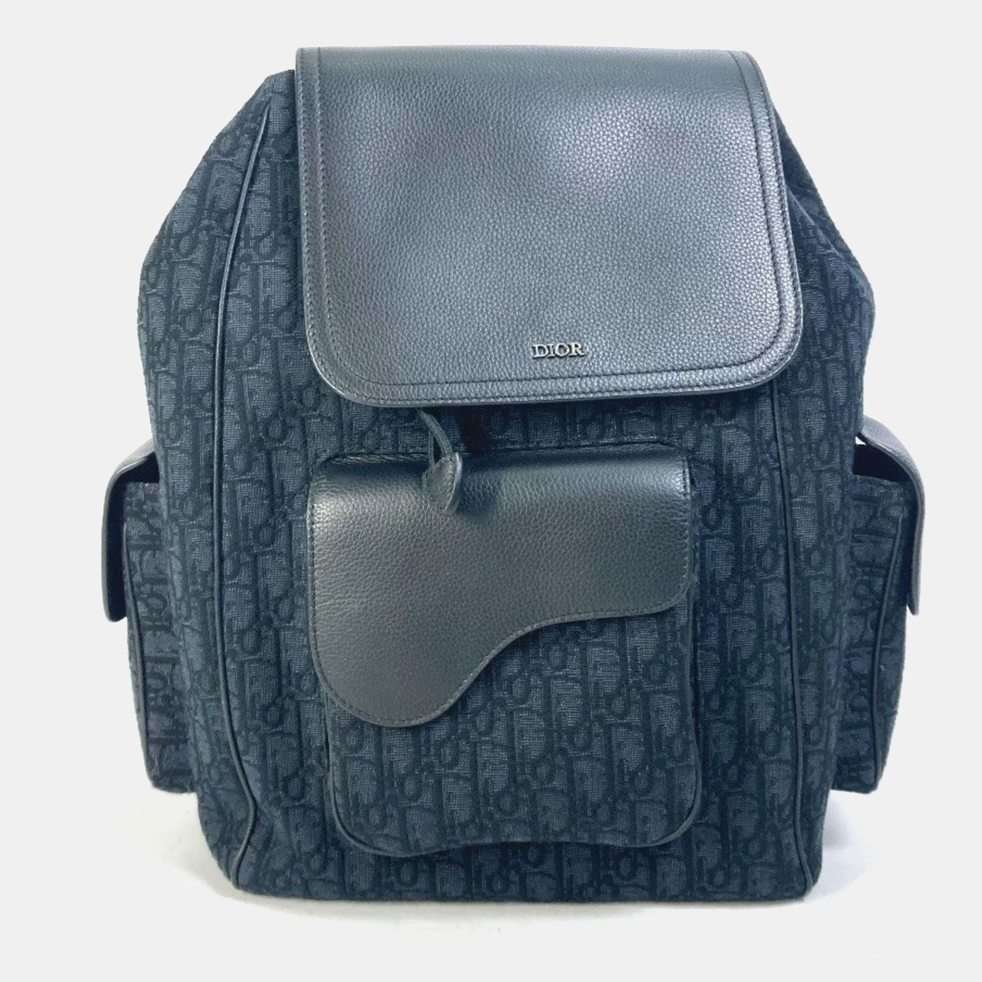 Christian Dior Dior Saddle Oblique Backpack Navy Canvas And Leather.