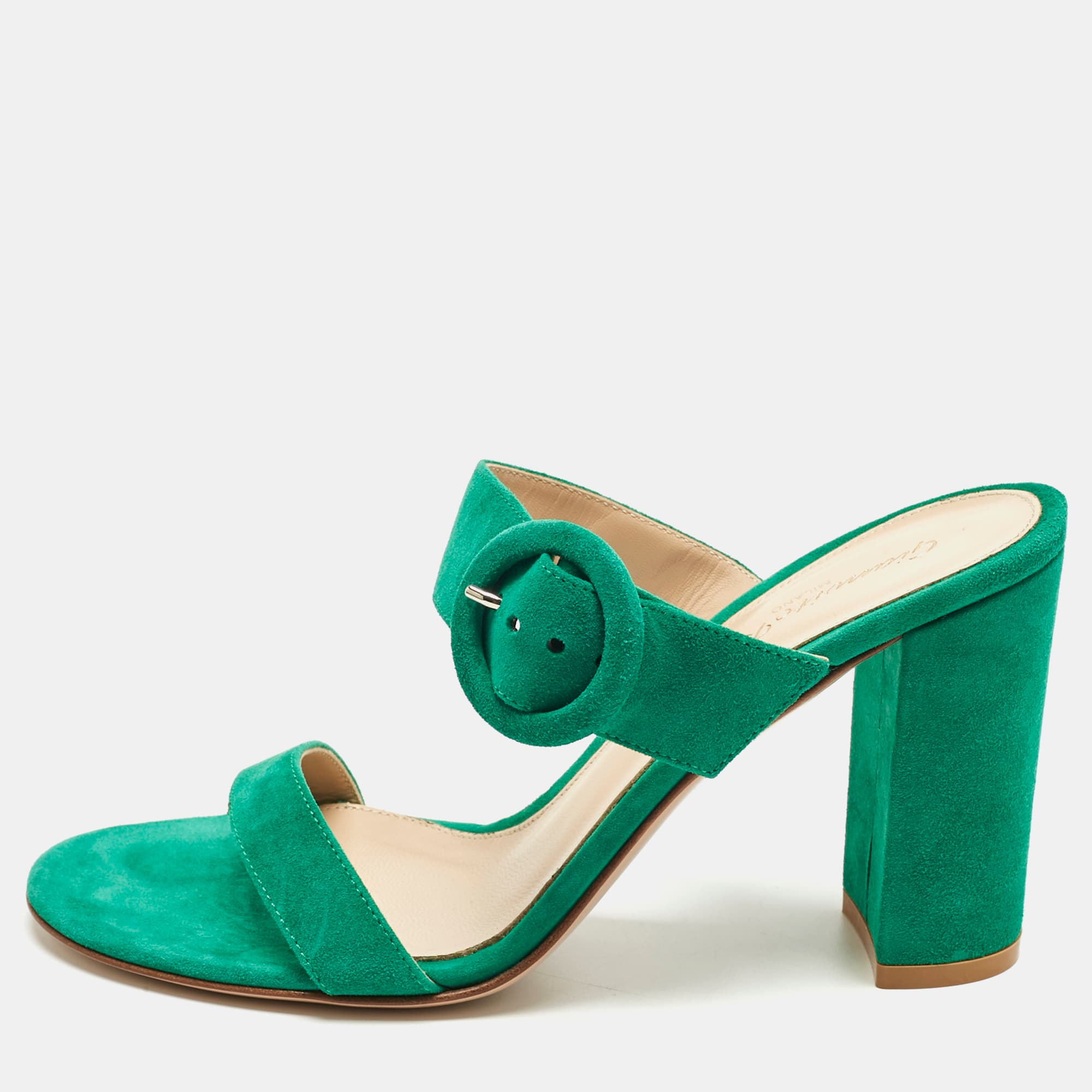 Gianvito Rossi Green Suede Buckle Slide Sandals Size 37