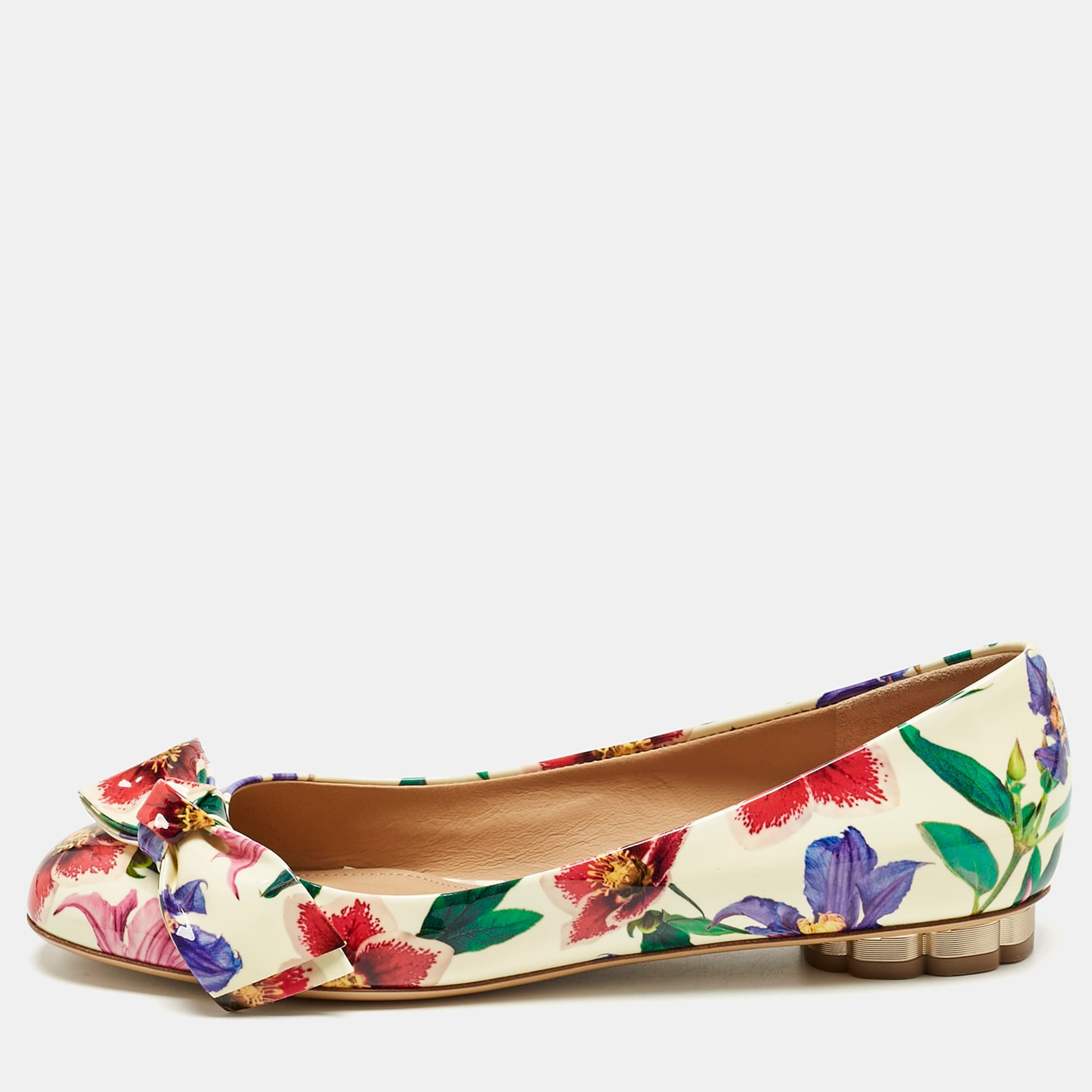 Salvatore Ferragamo Multicolor Patent Leather Floral Avola Ballet Flats Size 37