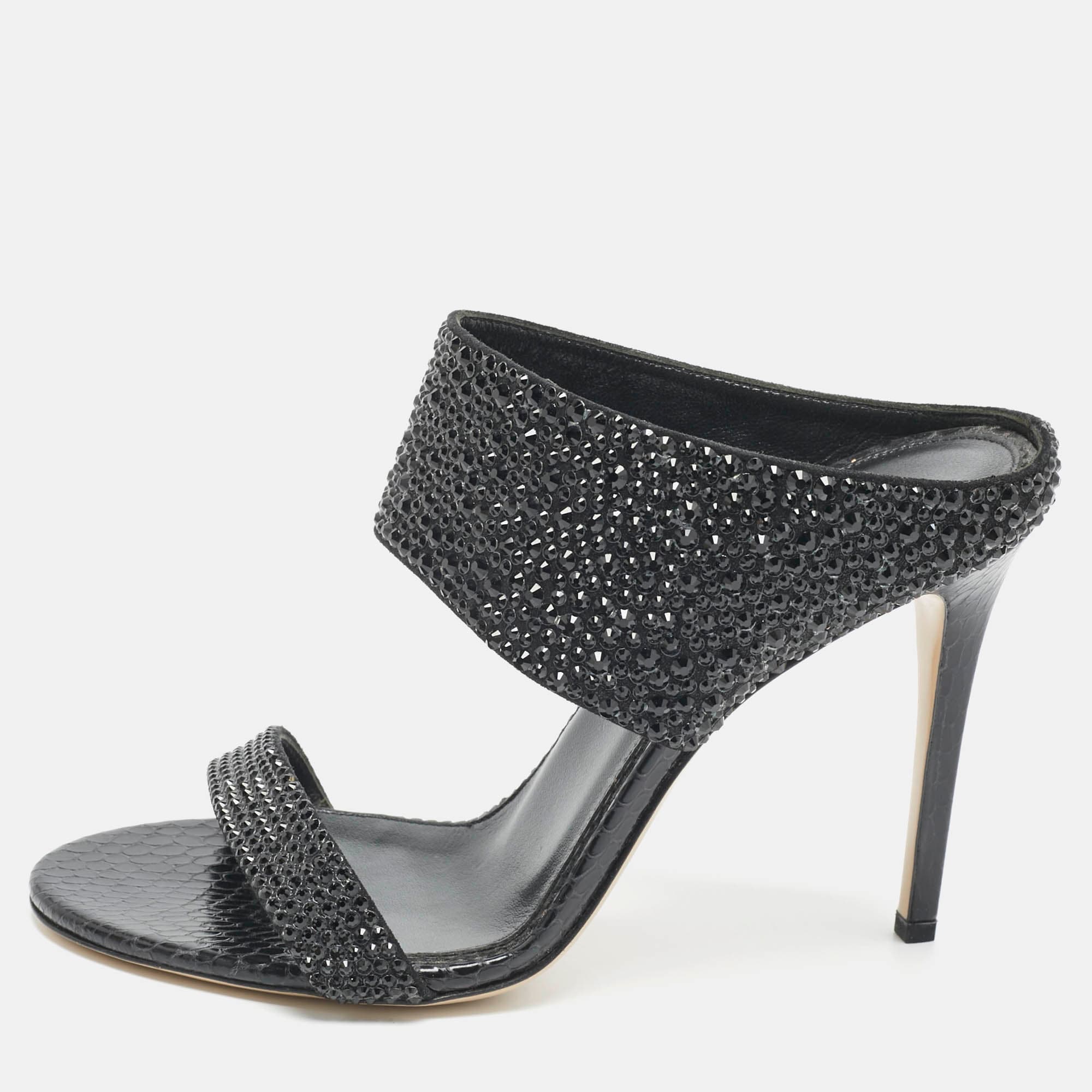 Le Silla Black Snakeskin Embossed Leather and Suede Crystal Embellished Slide Sandals Size 37.5