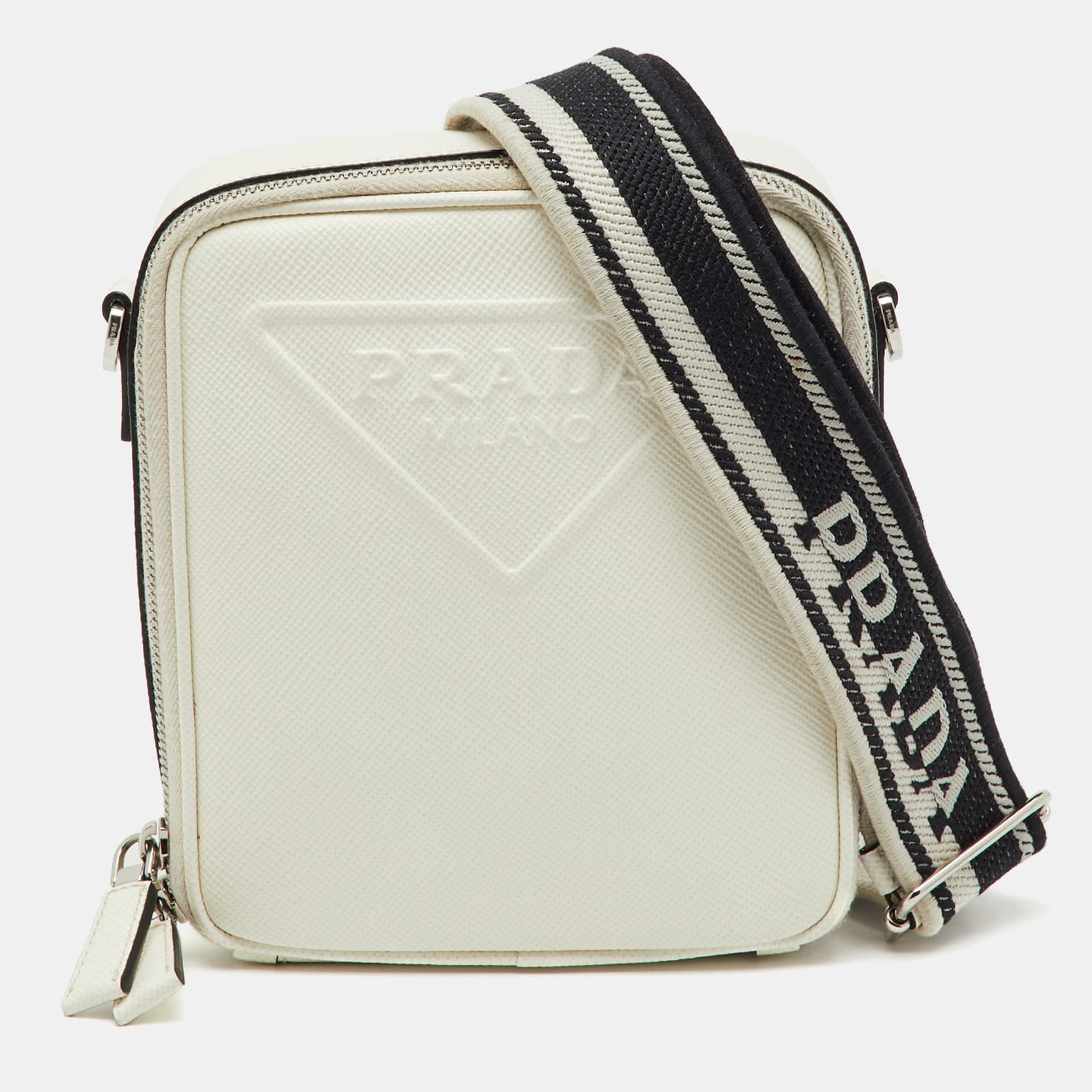 Prada White Leather Logo Embossed Vertical Shape Shoulder Bag
