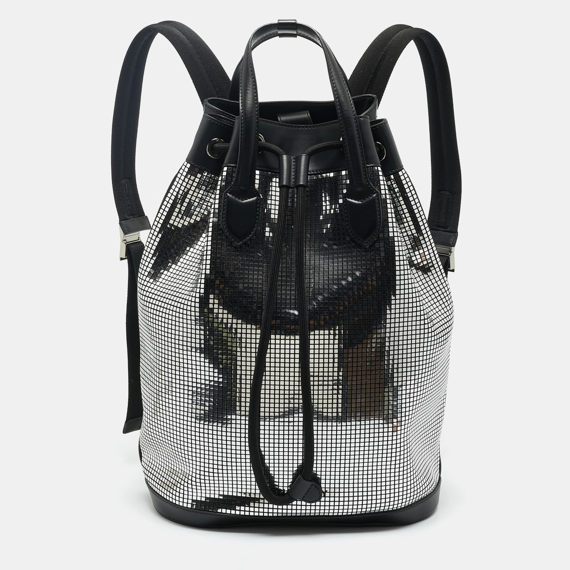 Burberry Black/Silver Mirror Effect Suede and Leather Drawstring Backpack