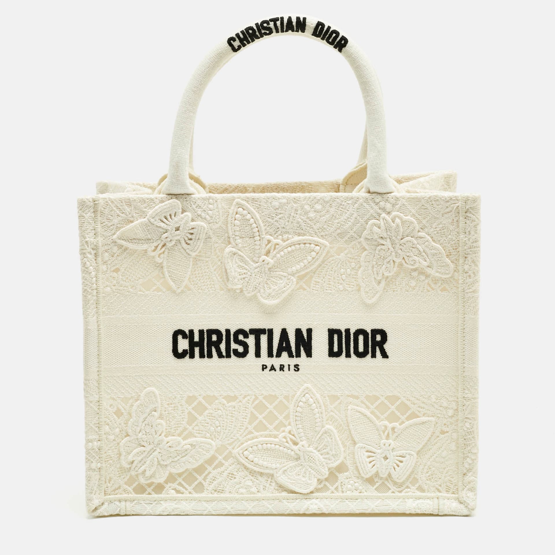 Dior White D-Lace Embroidered Canvas Small Book Tote