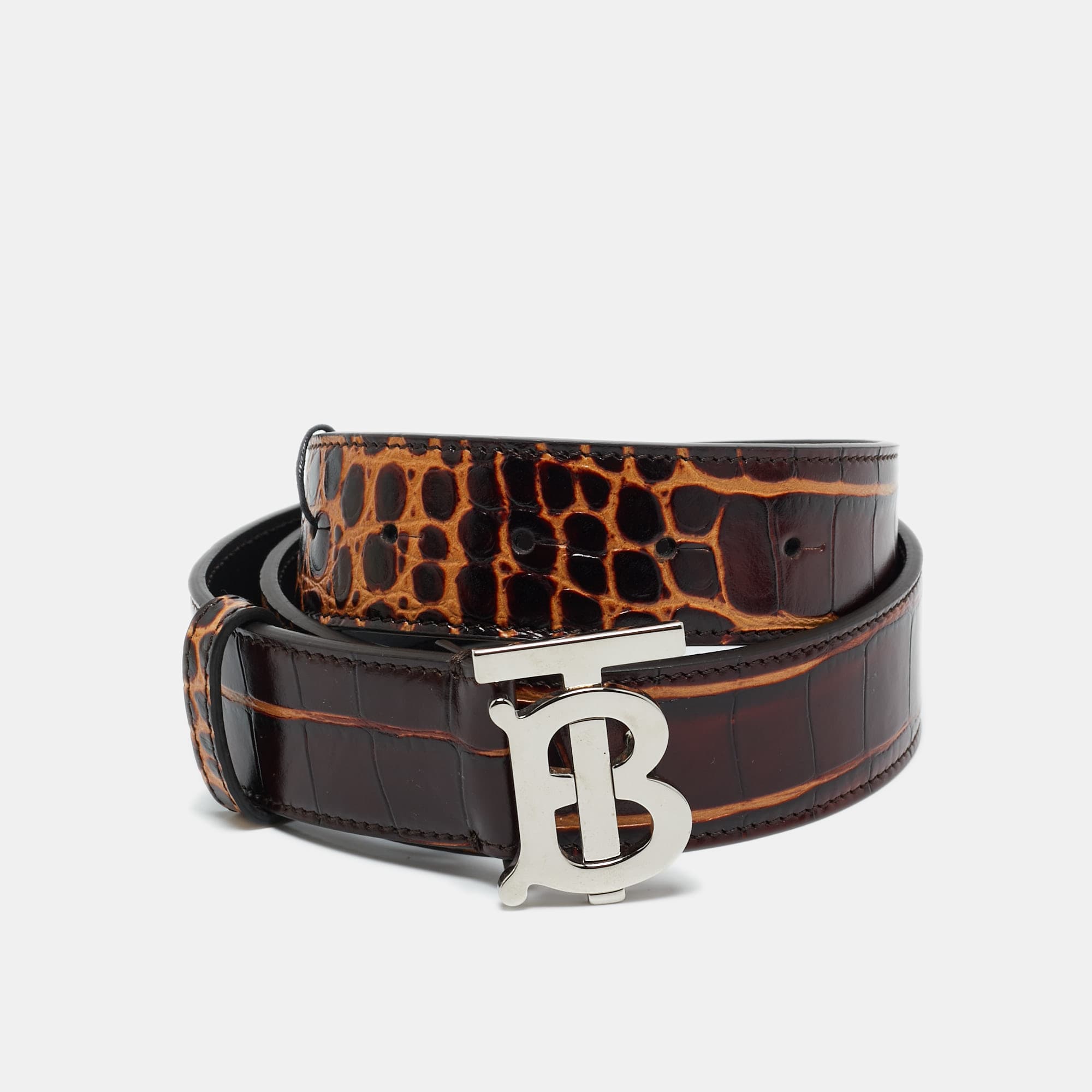 Burberry TB Buckle Belt Brown Crocodile Embossed Leather