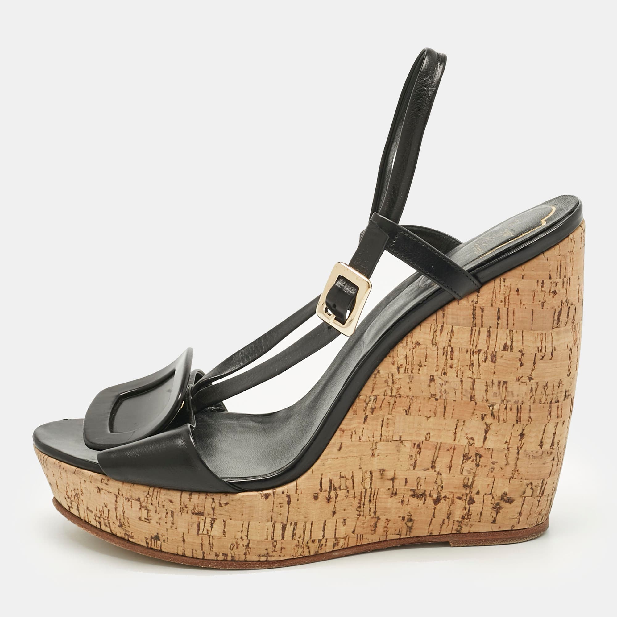 Roger Vivier Black Leather Buckle Wedge Slingback Sandals Size 40