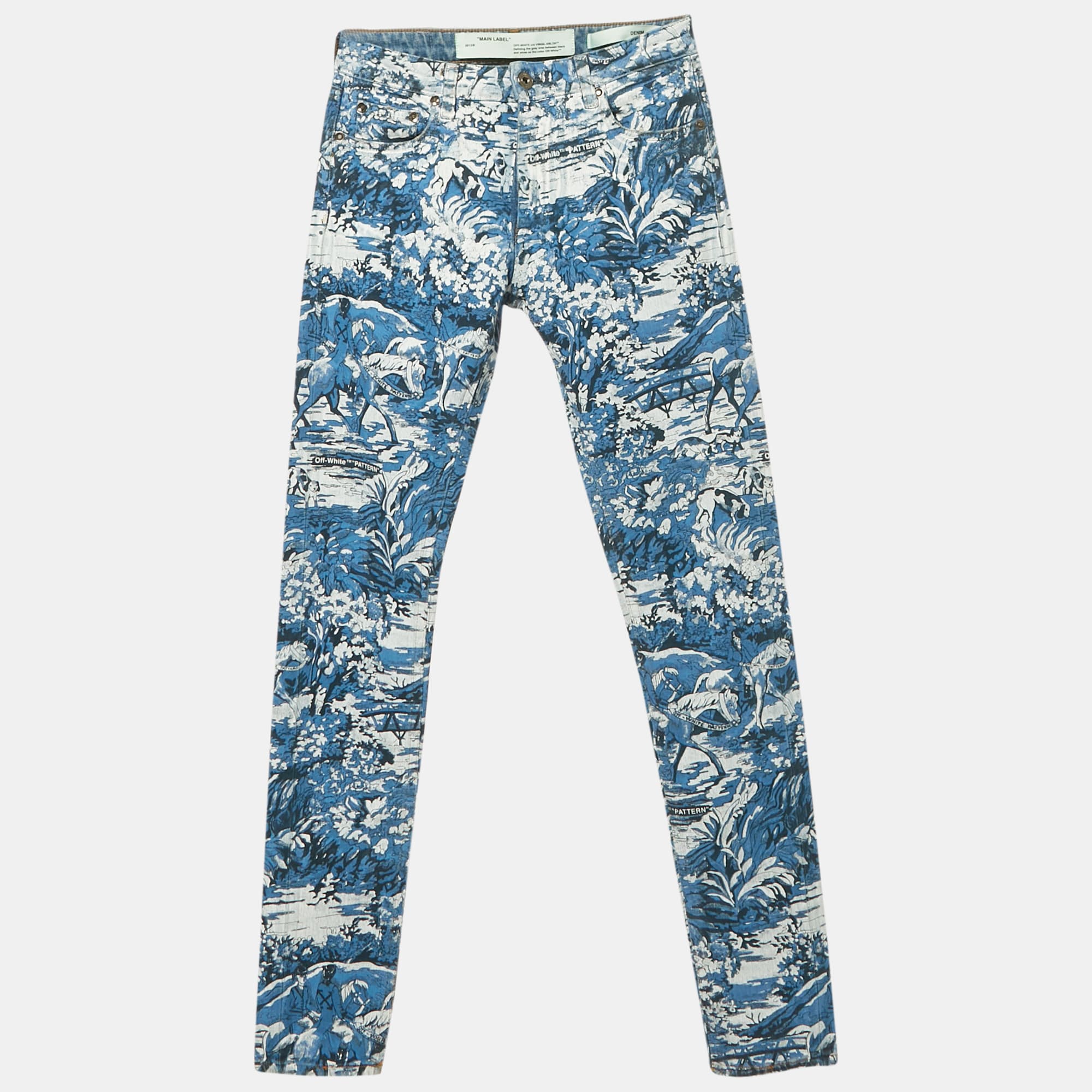 Off-White Blue Printed Denim Tapestry Skinny Jeans S Waist 26"