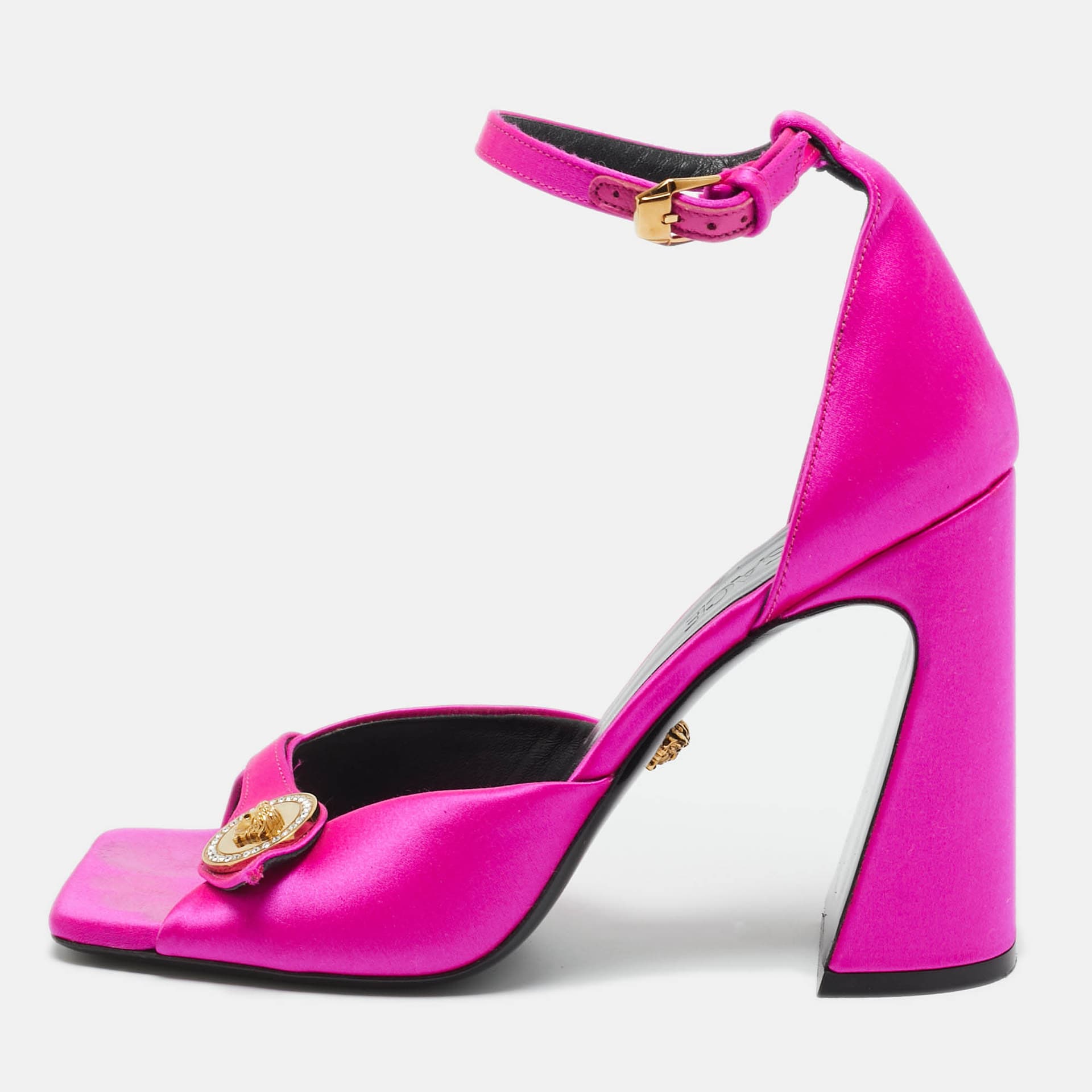 Versace Pink Satin Medusa Block Heel Ankle Strap Sandals Size 39