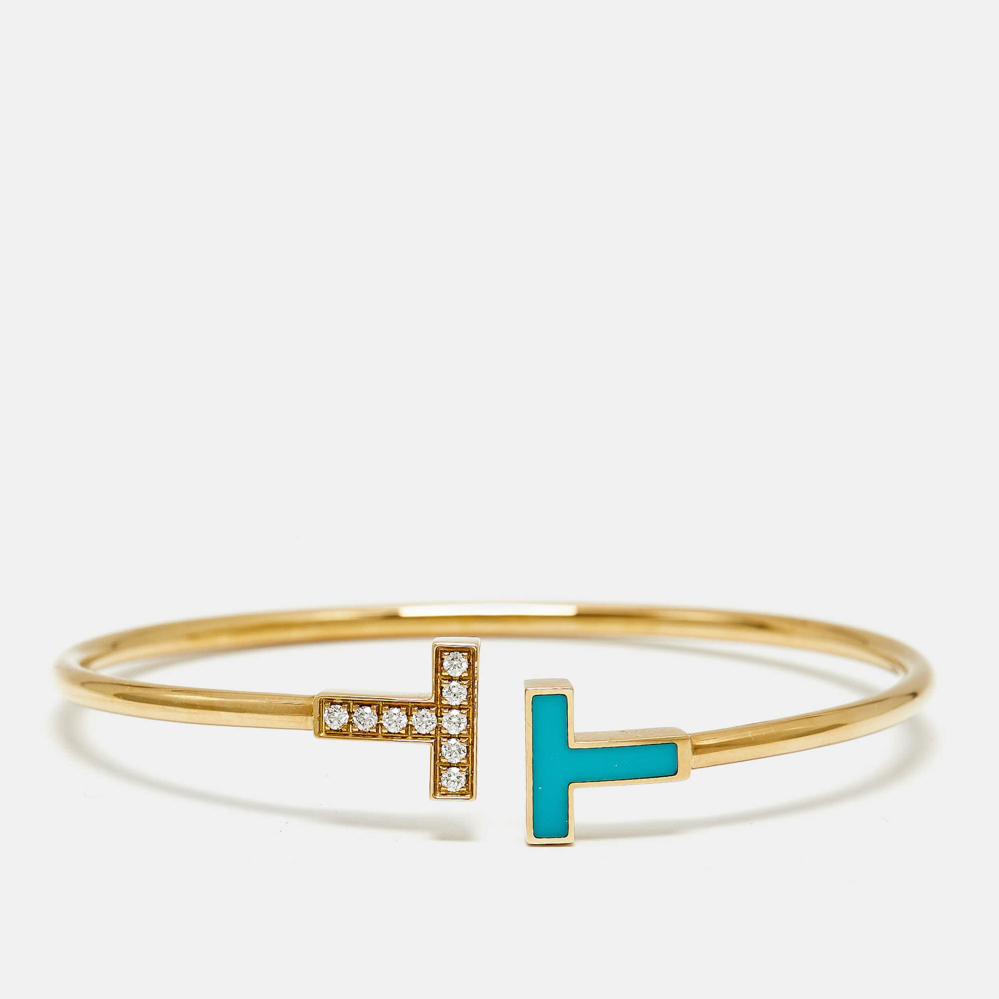 Tiffany & Co. Tiffany T Wire Turquoise Diamonds 18k Yellow Gold Bracelet