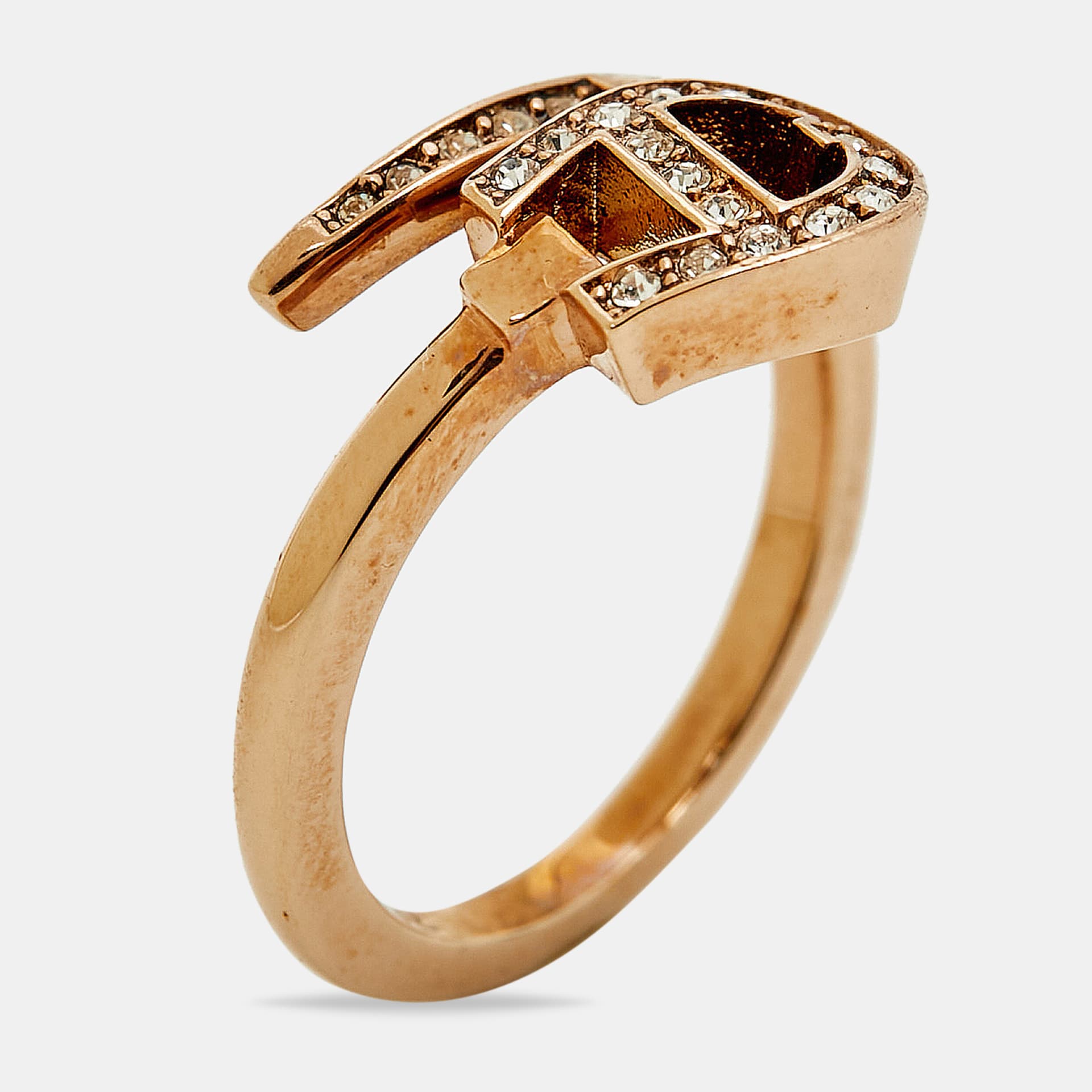 Aigner Logo Crystals Rose Gold Tone Ring Size 52