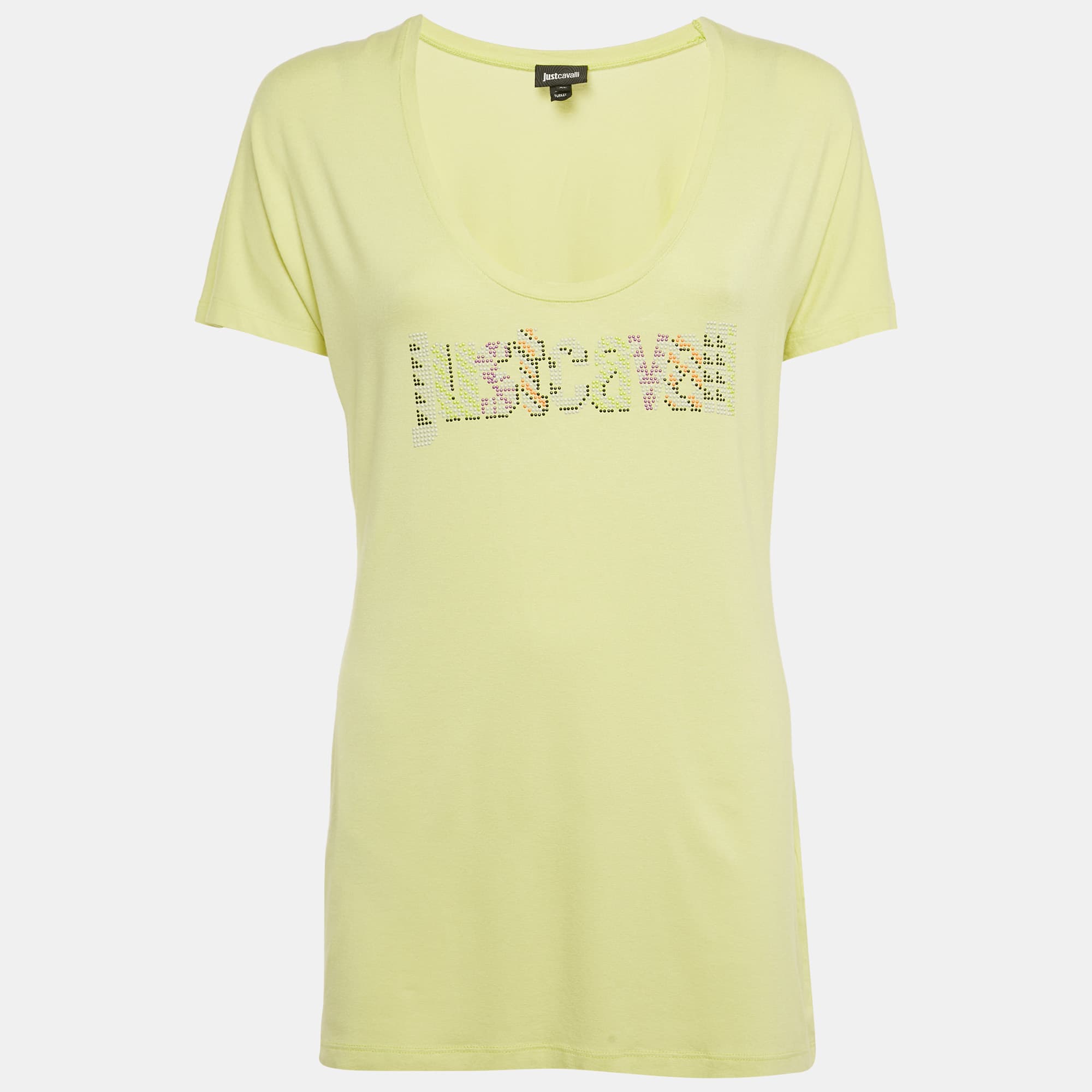 Just Cavalli Lime Green Logo Embellished Jersey Round Neck T-Shirt XL
