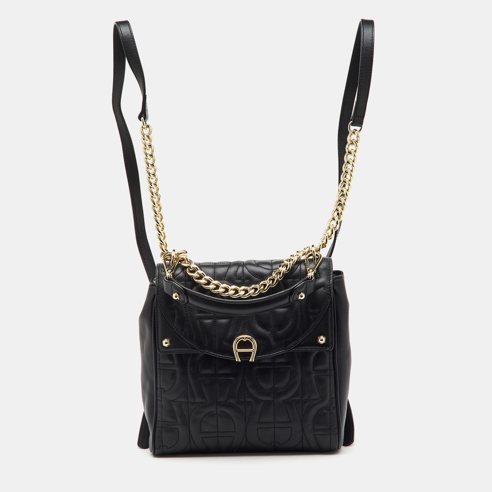 Aigner Black Logo Embroidered Leather Diadora Backpack