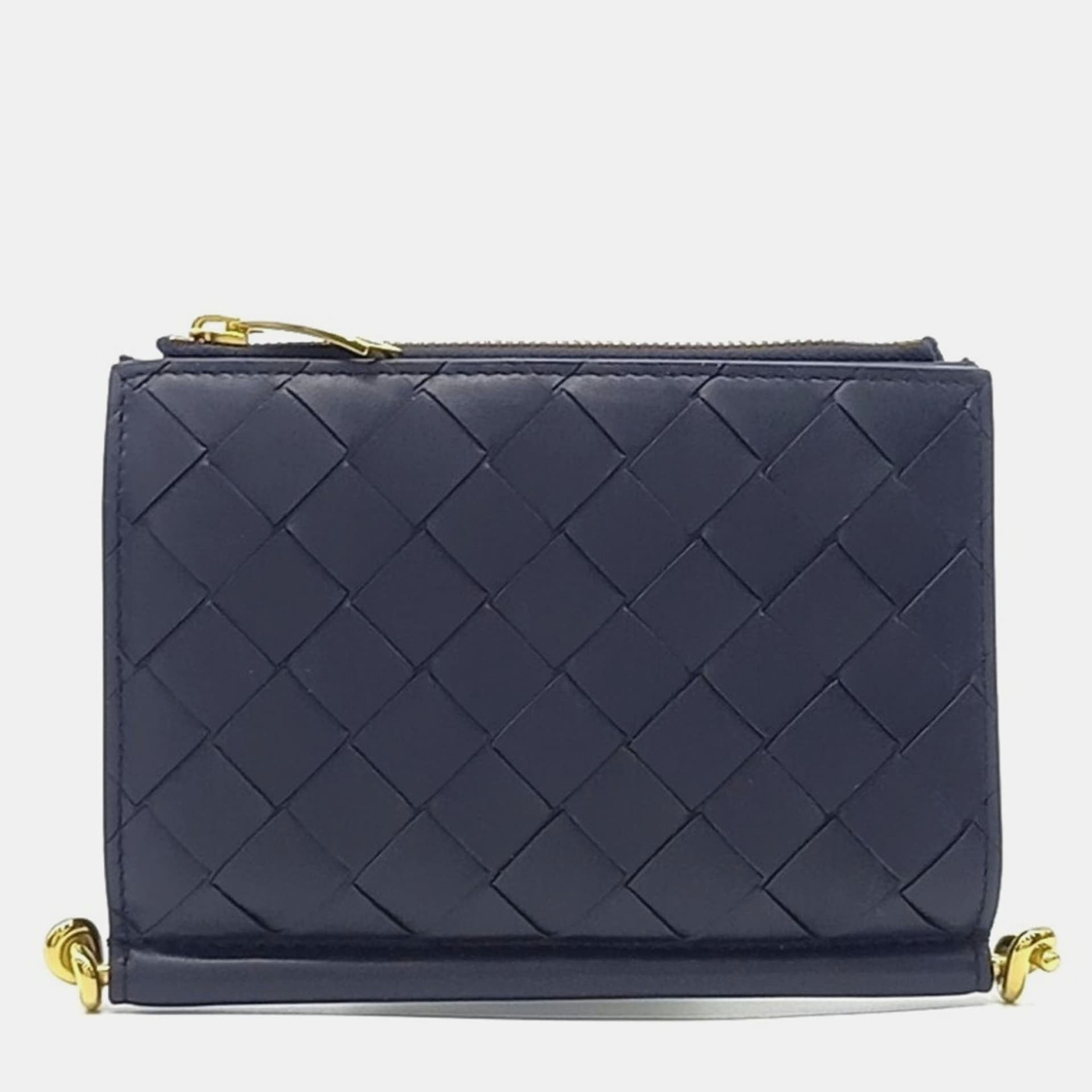 Bottega Veneta Solstice Medium Navy Blue Intrecciato Calfskin Leather Wallets Accessories Bags Base Bag