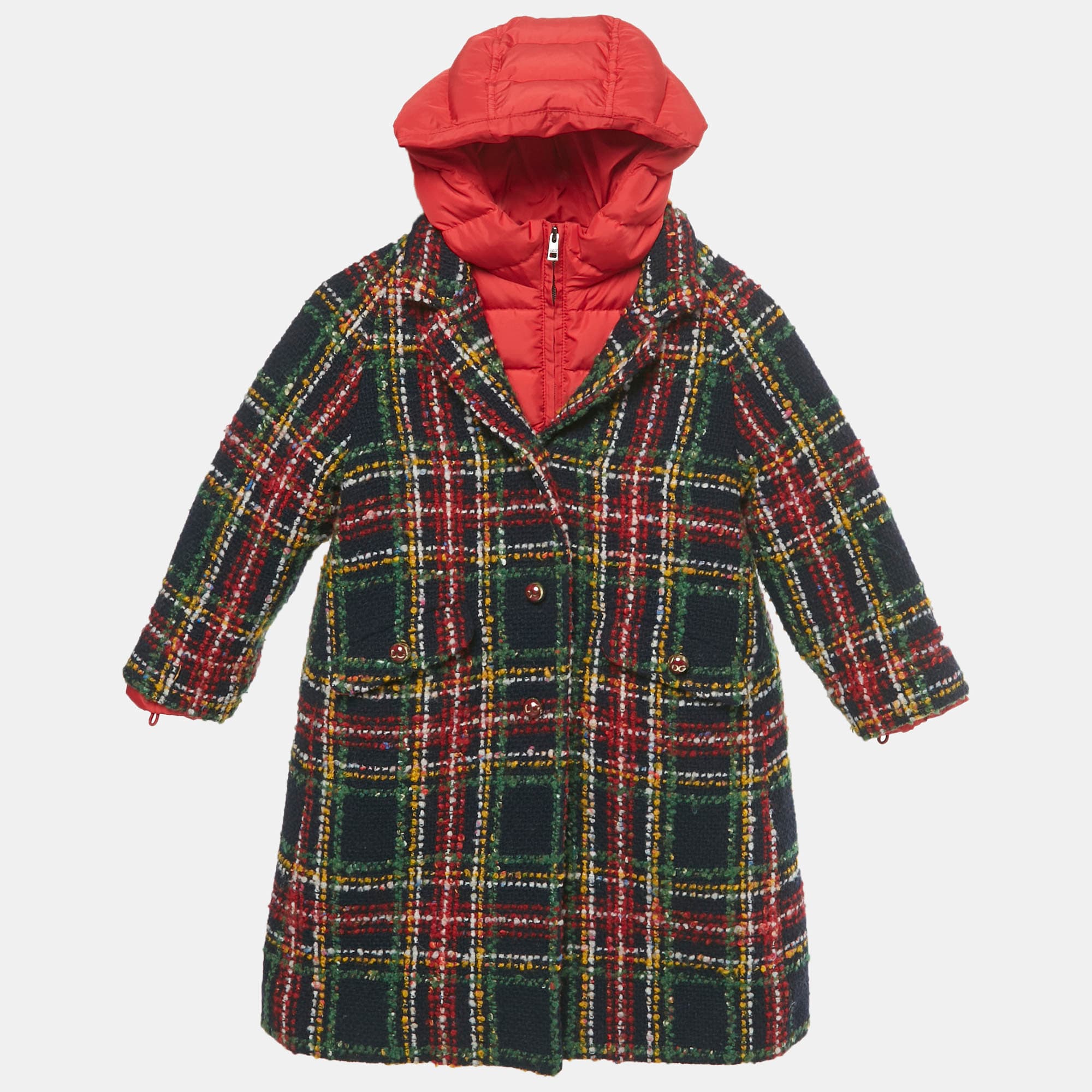Dolce & Gabbana Blue/Red Plaid Wool and Synthetic Detachable Down Coat 5 Yrs