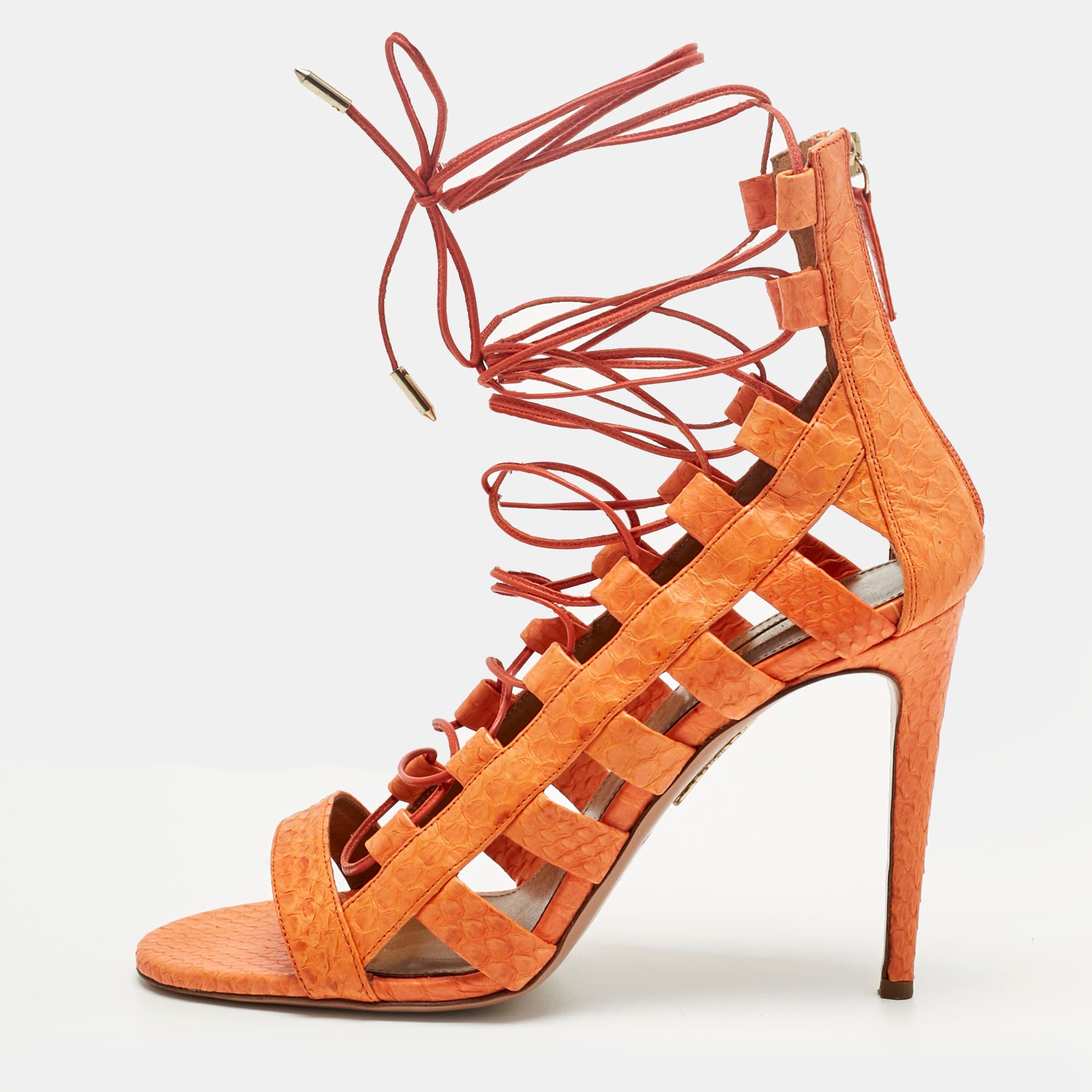 Aquazzura Orange Python Leather Amazon Lace Up Open Toe Sandals Size 41