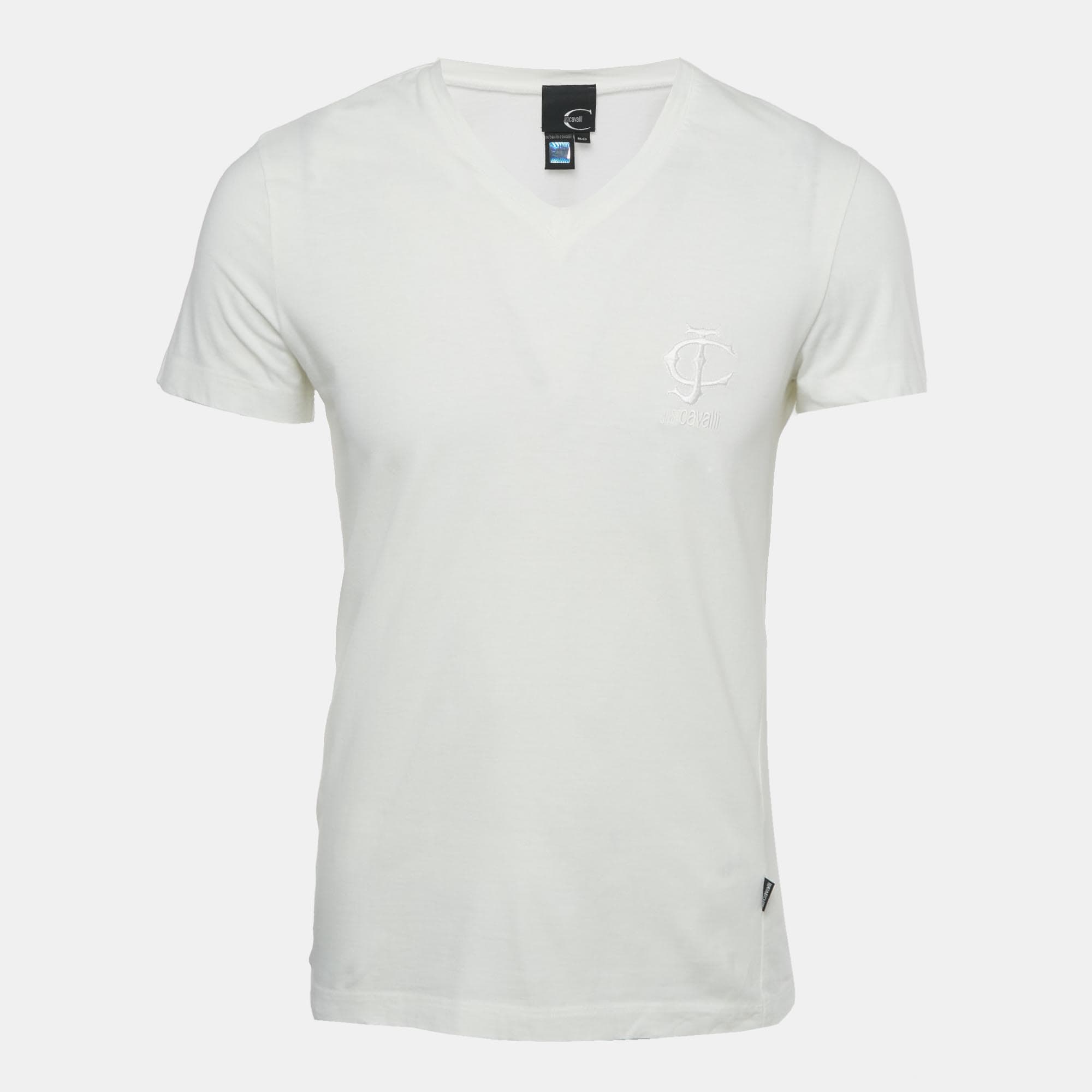Just Cavalli White Logo Embroidered Jersey Fitted T-Shirt L