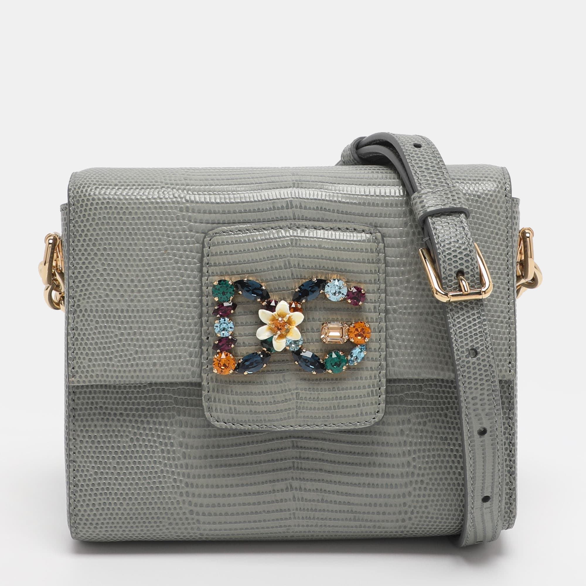 Dolce & Gabbana DG Millennials Grey Lizard Embossed Leather Shoulder Bags