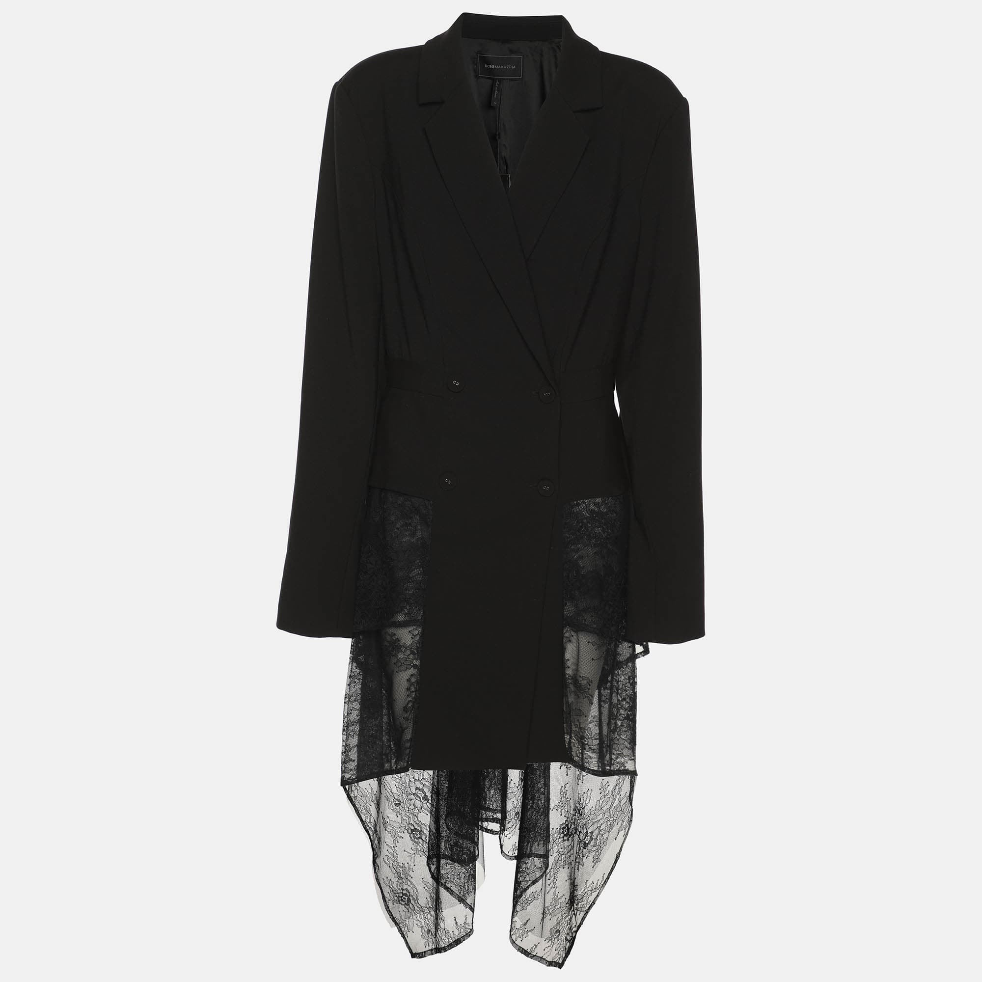 BCBGMAXAZRIA Black Crepe and Lace Hem Double Breasted Blazer L