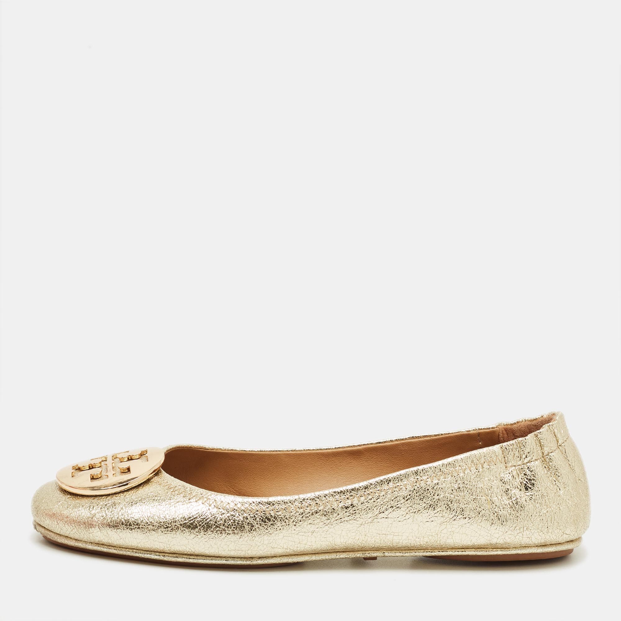 Tory Burch Gold Leather Minnie Travel Ballet Flats Size 39.5