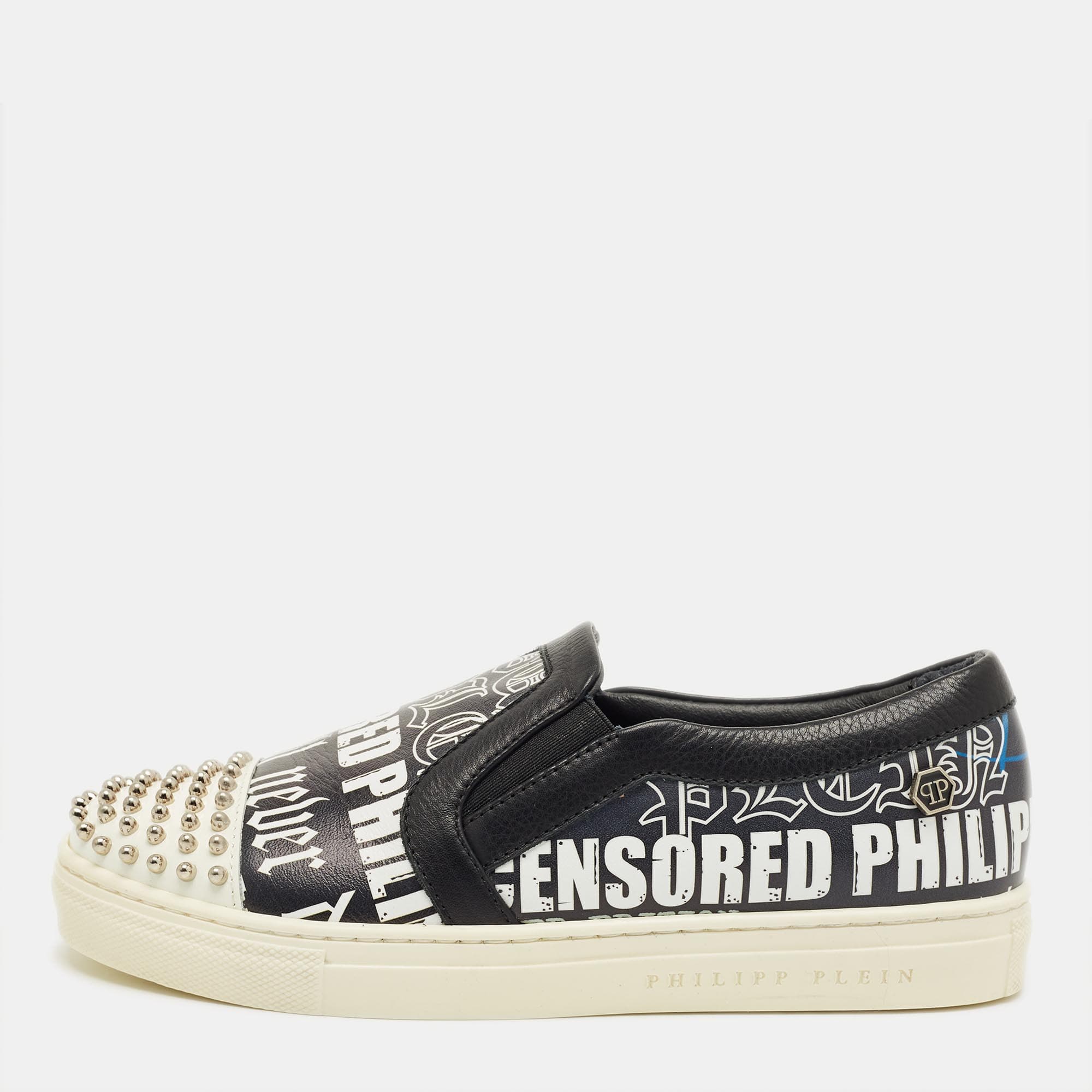 Philipp Plein Black/White Graffiti Print Leather Studded Slip On Sneakers Size 33