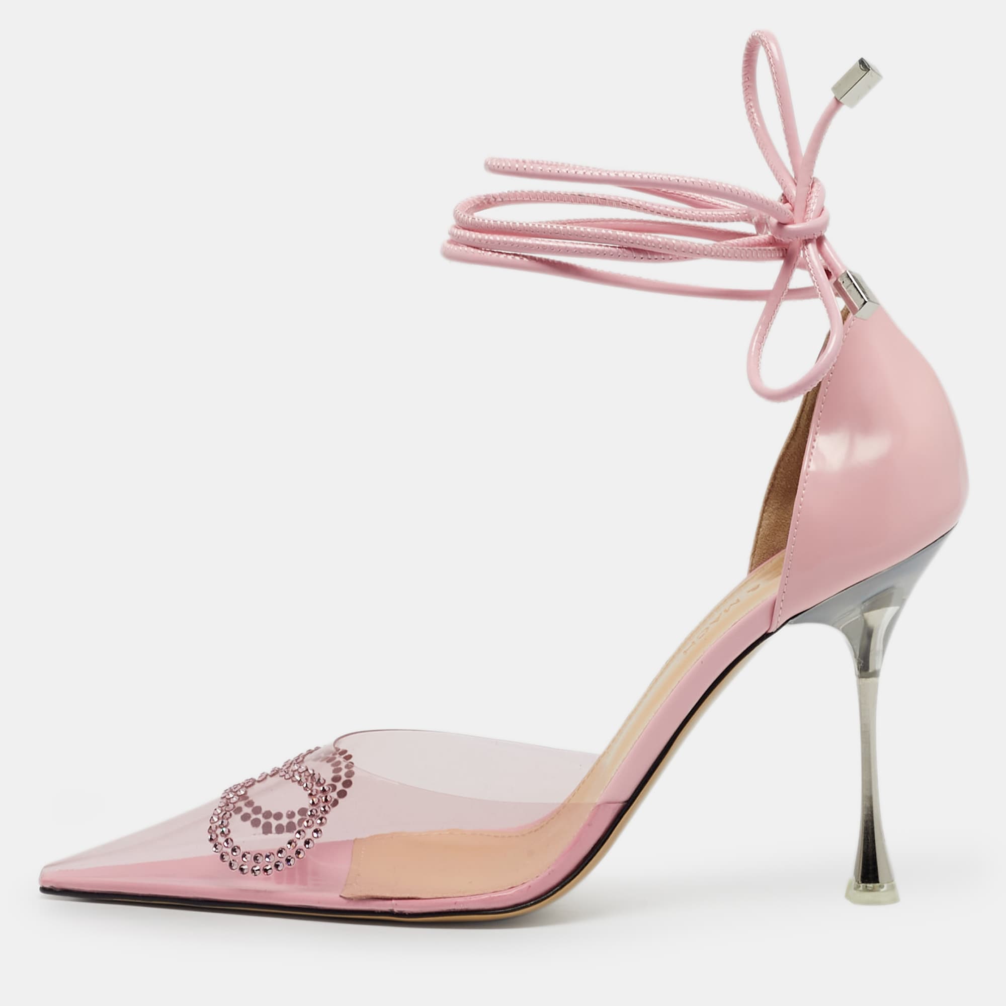 Mach & Mach Pink Leather and PVC Crystal Embellished Bow Ankle Wrap Sandals Size 39.5