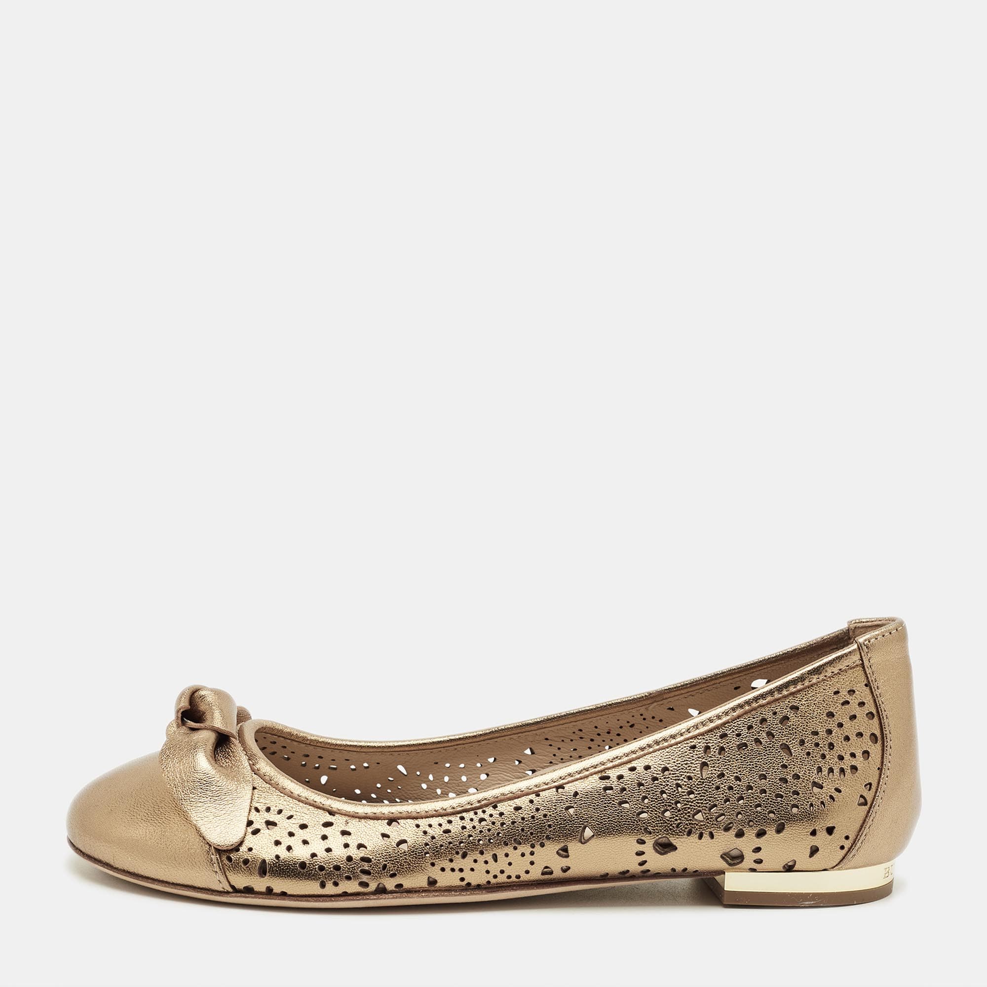 Burberry Gold Laser Cut Leather Ballet Flats Size 33