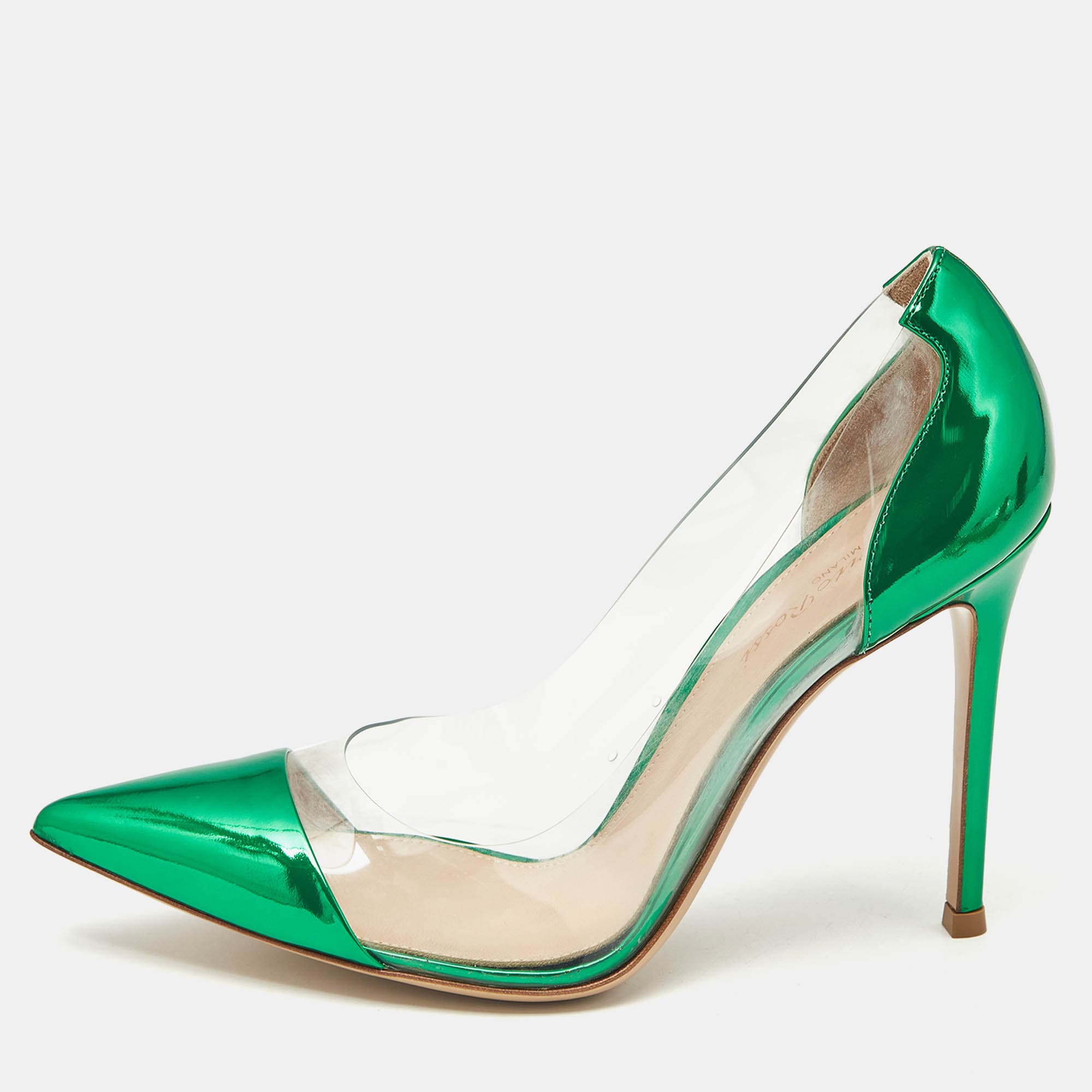 Gianvito Rossi Metallic Green Leather and PVC Plexi Pumps Size 38.5
