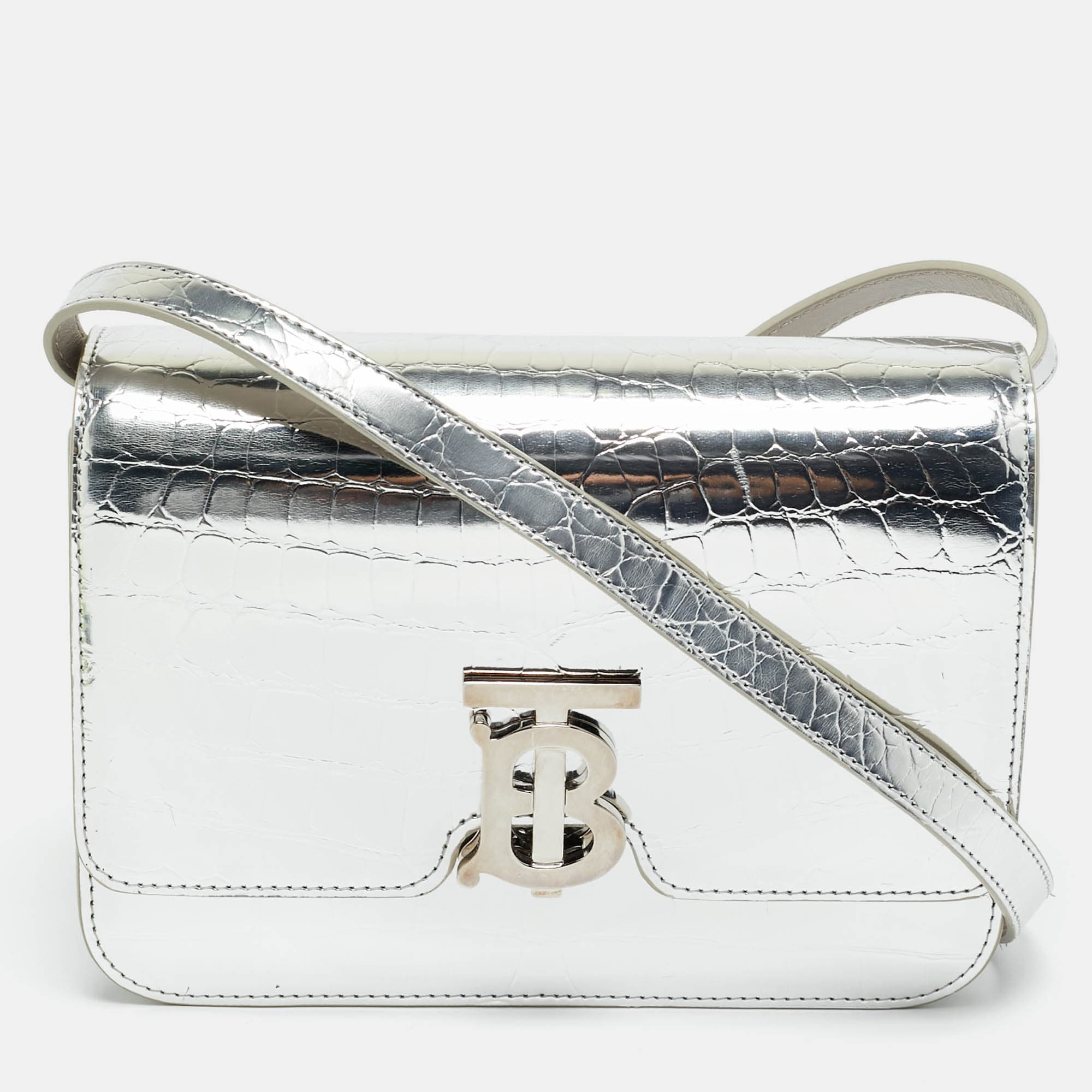 Burberry TB Small Silver Croc Embossed Patent Leather Shoulder Bags