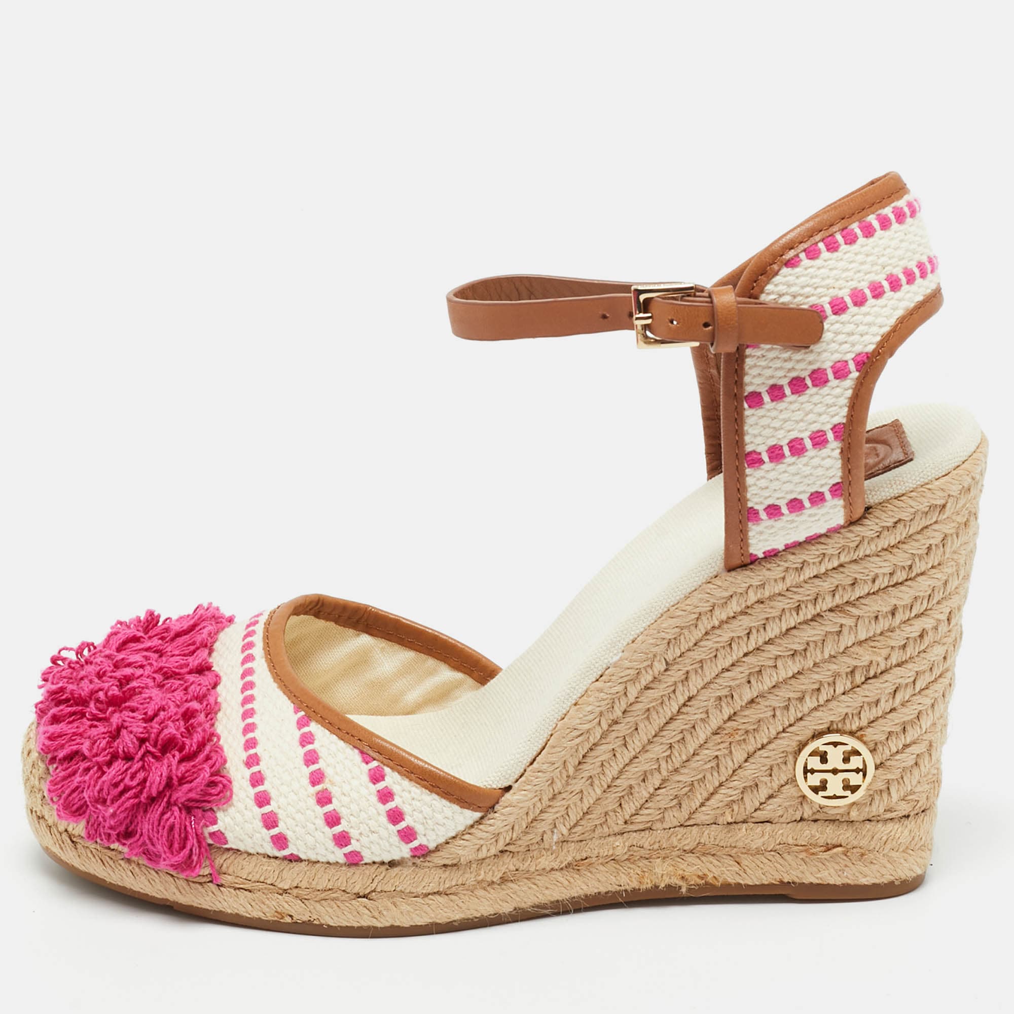 Tory Burch Cream/Pink Canvas and Leather Espadrille Wedge Sandals Size 41