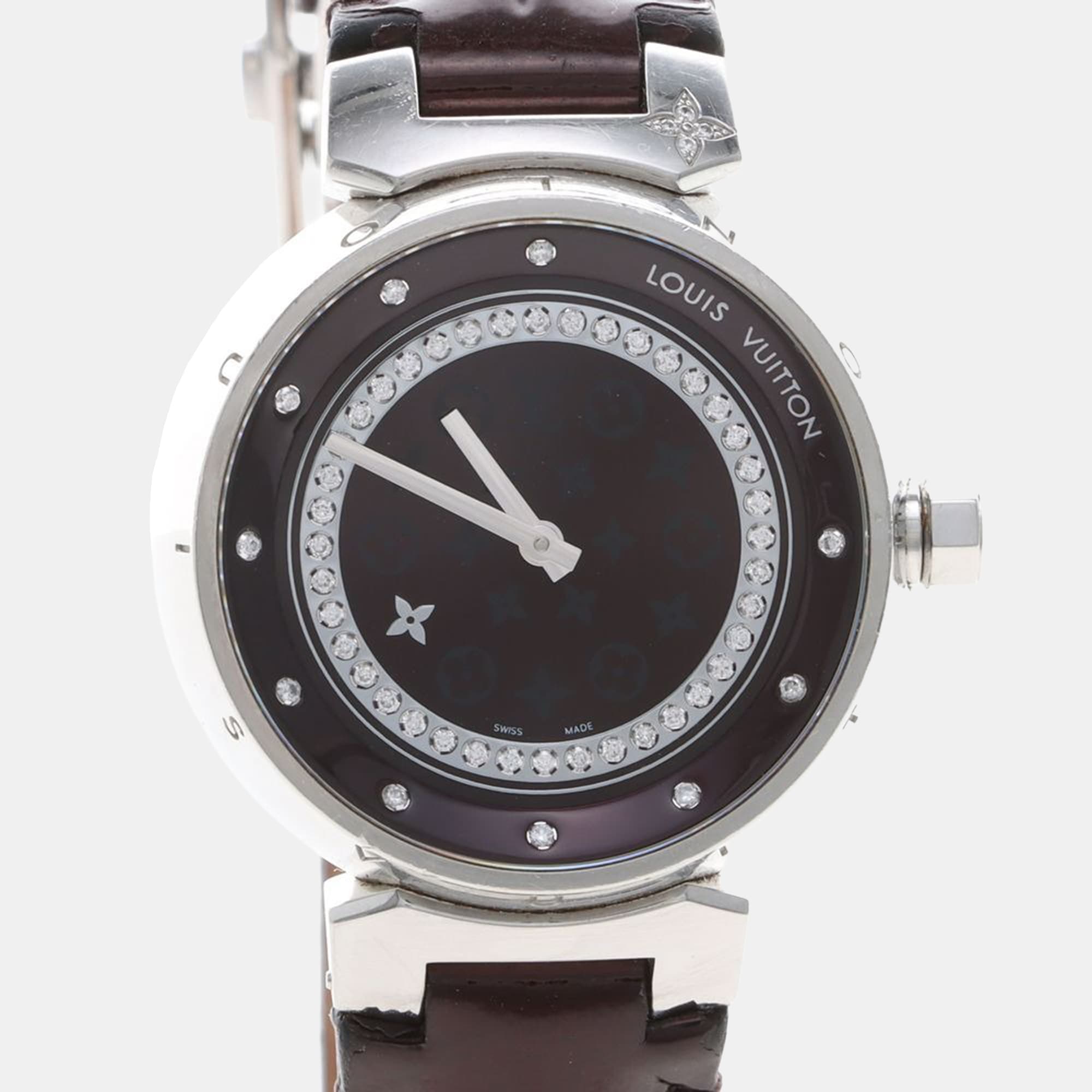 Louis Vuitton Tambour Q1319 Quartz Brown Diamonds Stainless Steel Women's Wristwatch 28mm