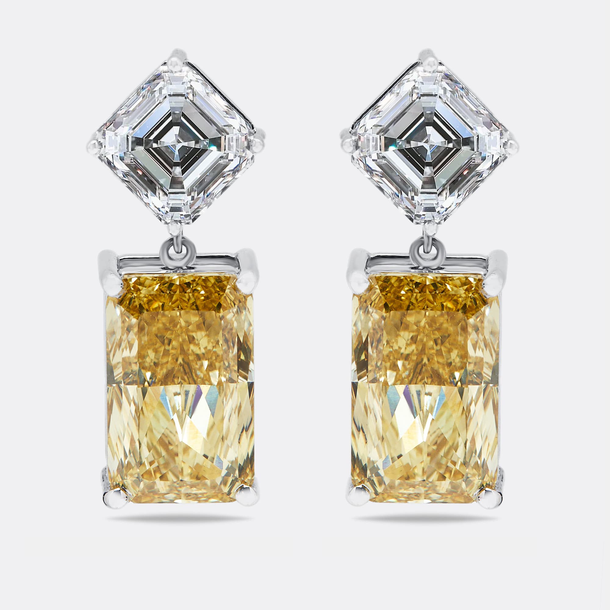 28.2 cts Fancy Yellow Radiant Asscher Lab Grown Diamonds 18k White Gold Earrings