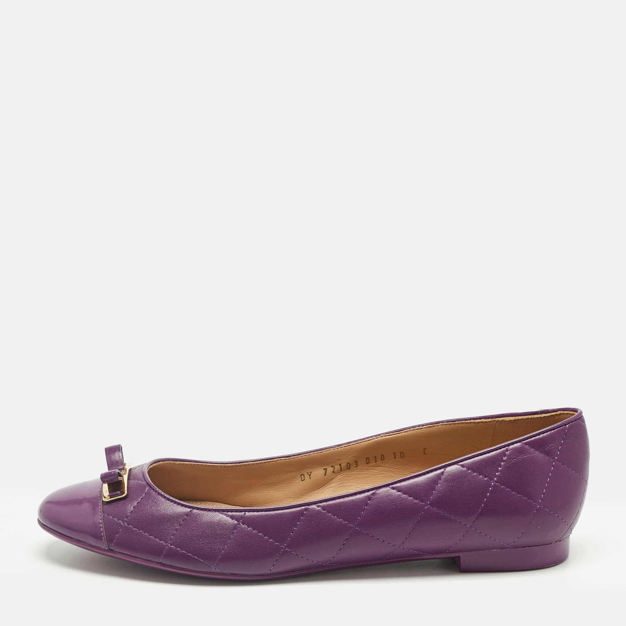 Salvatore Ferragamo Purple Quilted Patent and Leather Bow Ballet Flats Size 40.5