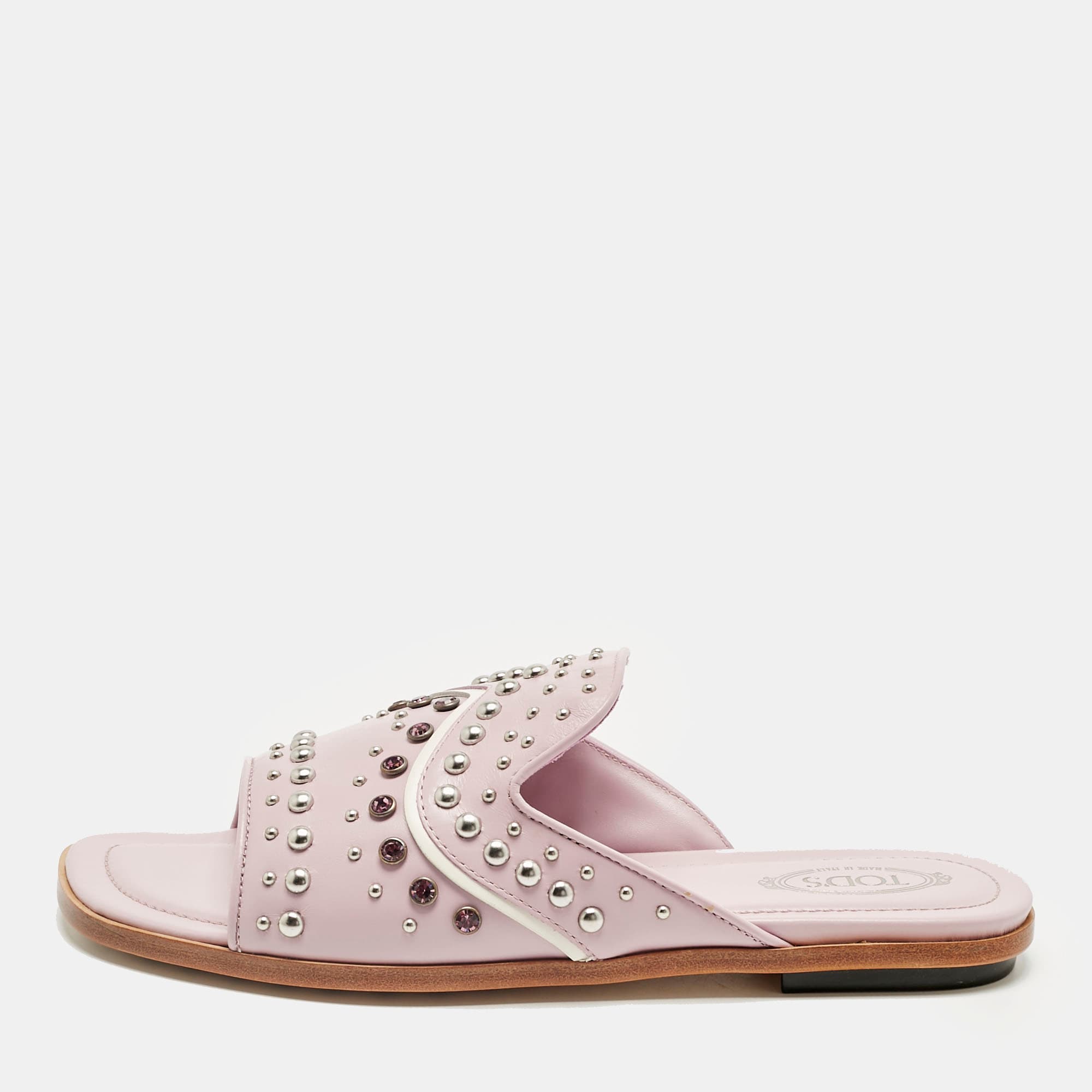 Tod's Lilac Leather Crystal Embellished Flat Slides Size 37.5