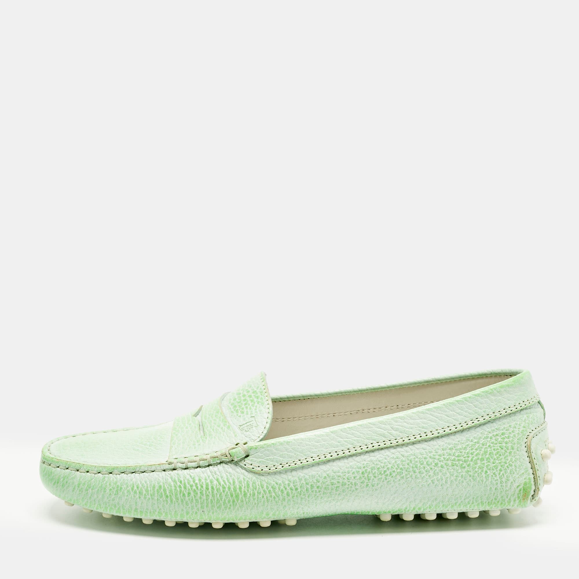 Tod's Green Leather Gommino Driving Loafers Size 37.5