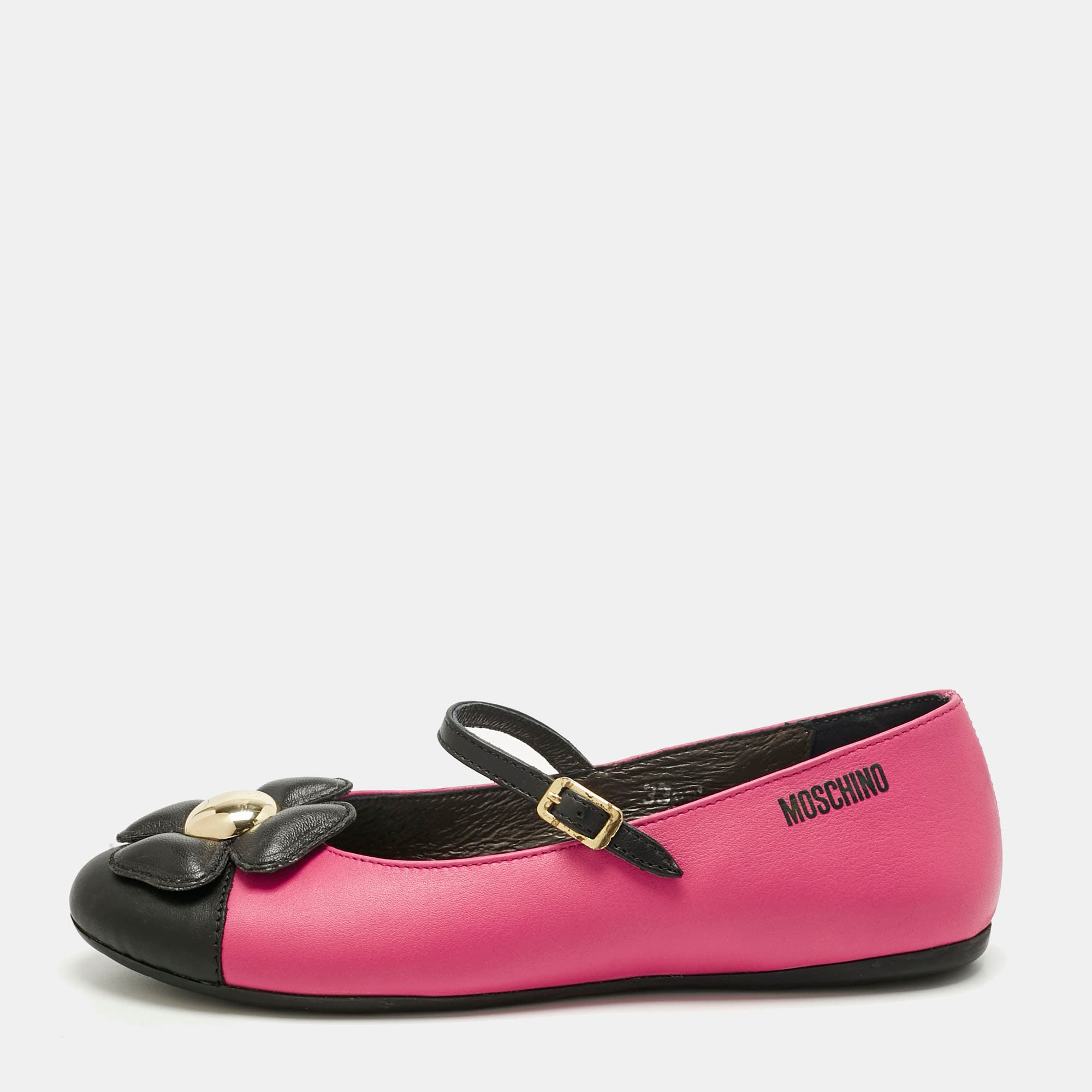 Moschino Pink/Black Leather Flower Ballet Flats Size 33