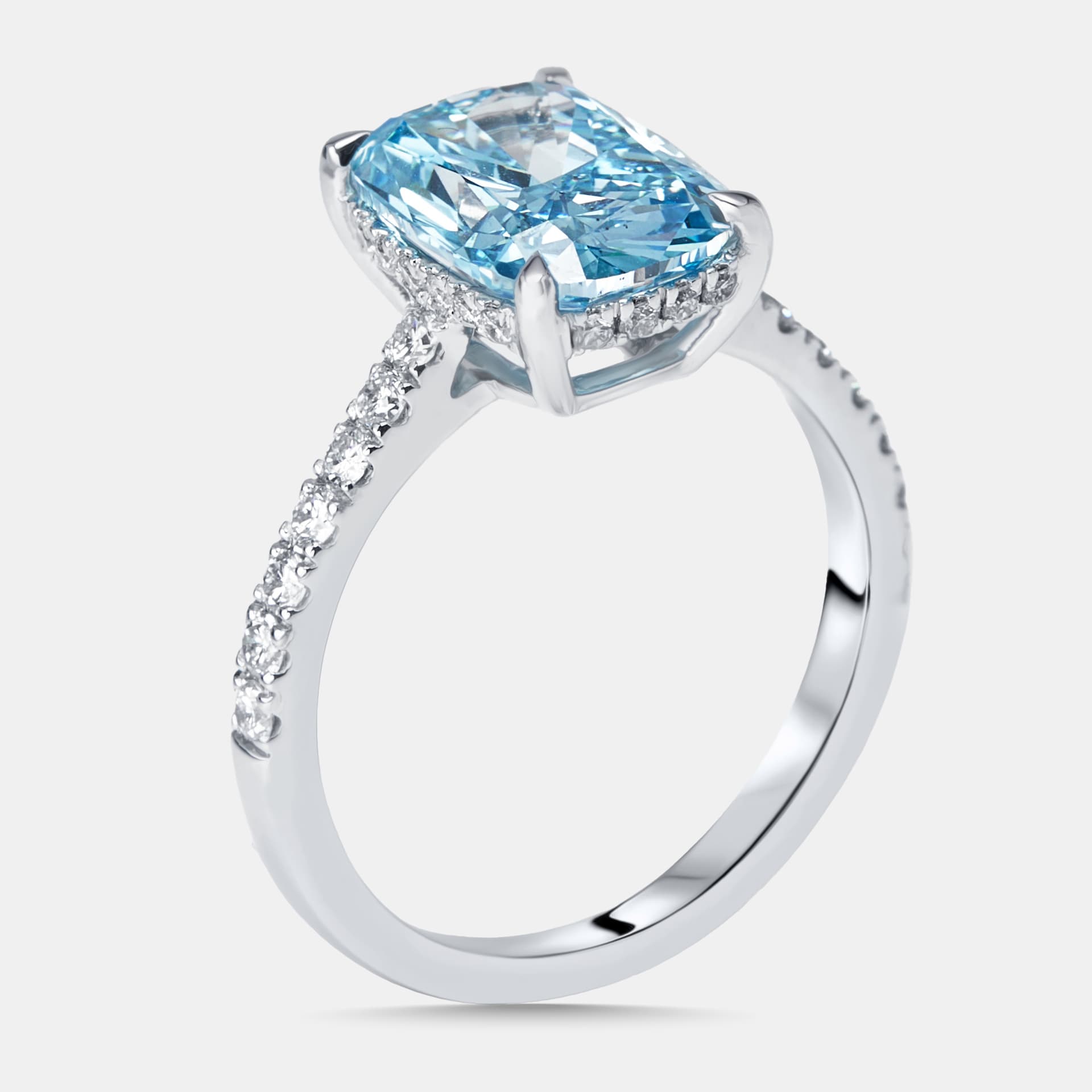 3.4 cts Vivid Blue Radiant, Round Lab Grown Diamonds 18k White Gold Ring Size 51