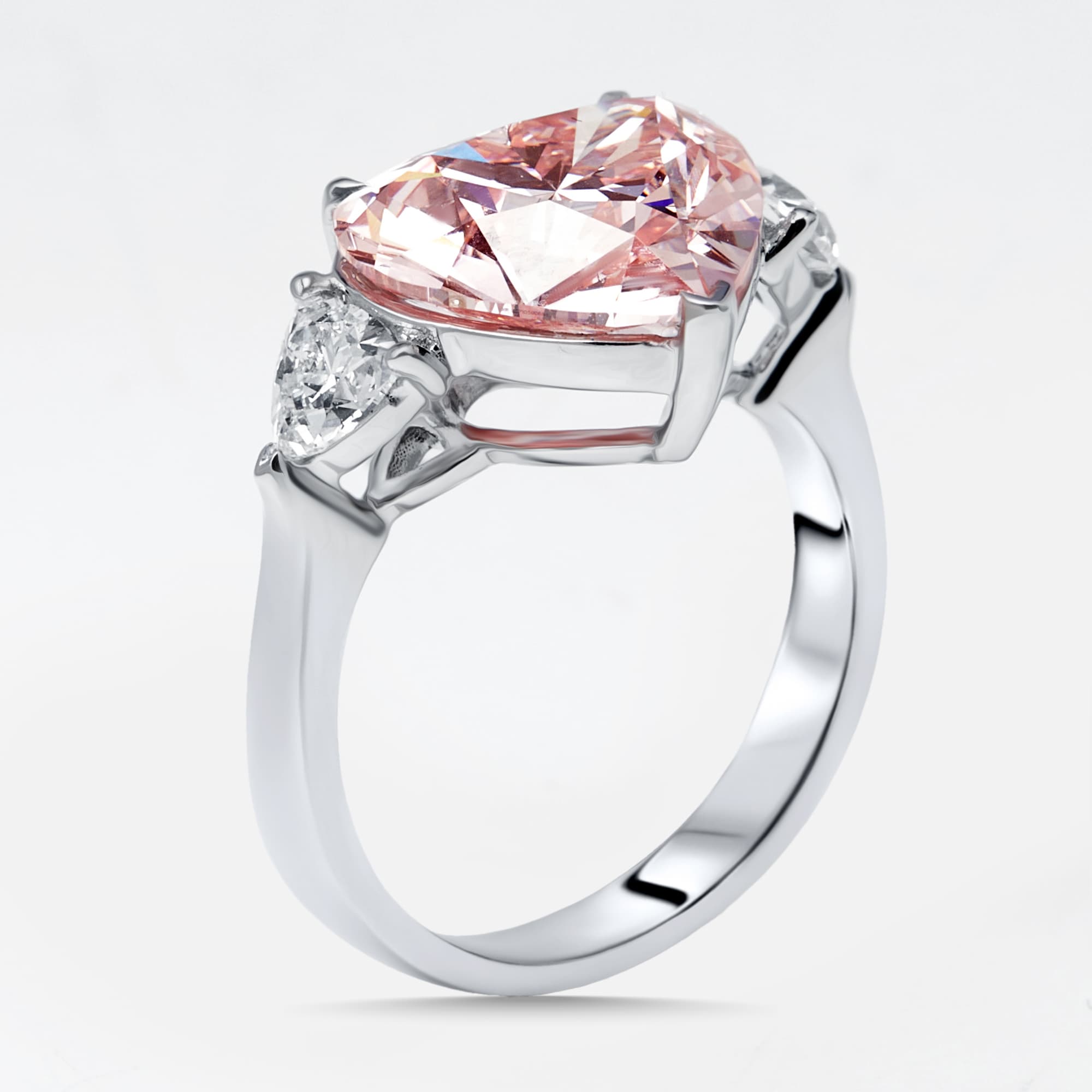 5.5 cts Pink Heart, Trillion Lab Grown Diamonds 18k White Gold Ring Size 52