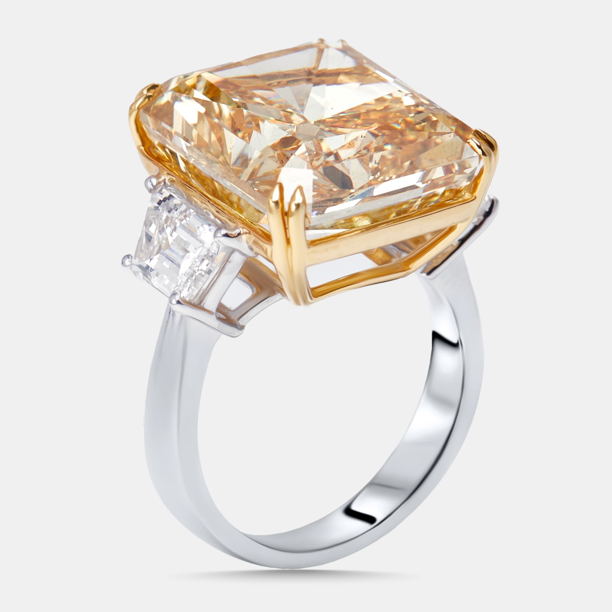 20.86 cts Yellow Radiant, Trapazoid Lab Grown Diamonds 18k Two Tone Gold Ring Size 52