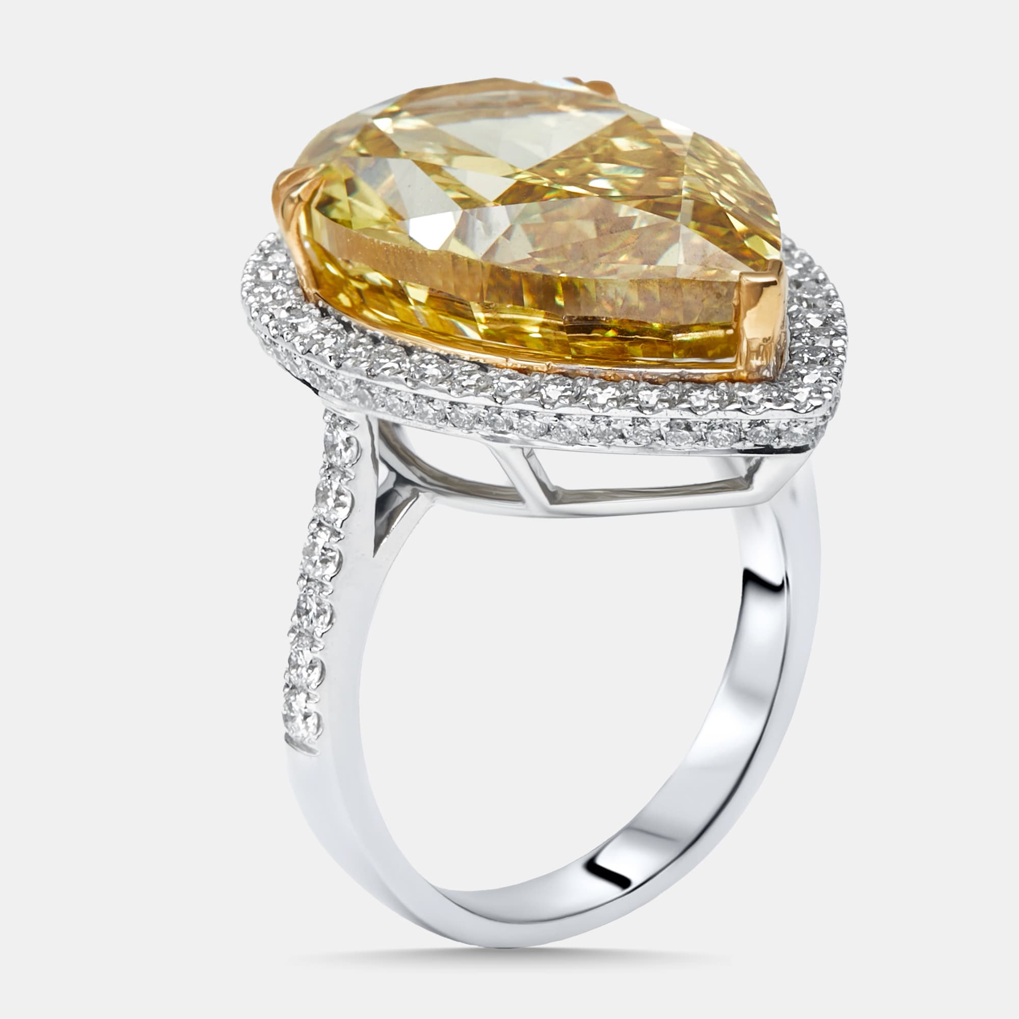 16.5 cts Fancy Yellow Pear, Round Lab Grown Diamonds 18k Two Tone Gold Ring Size 52