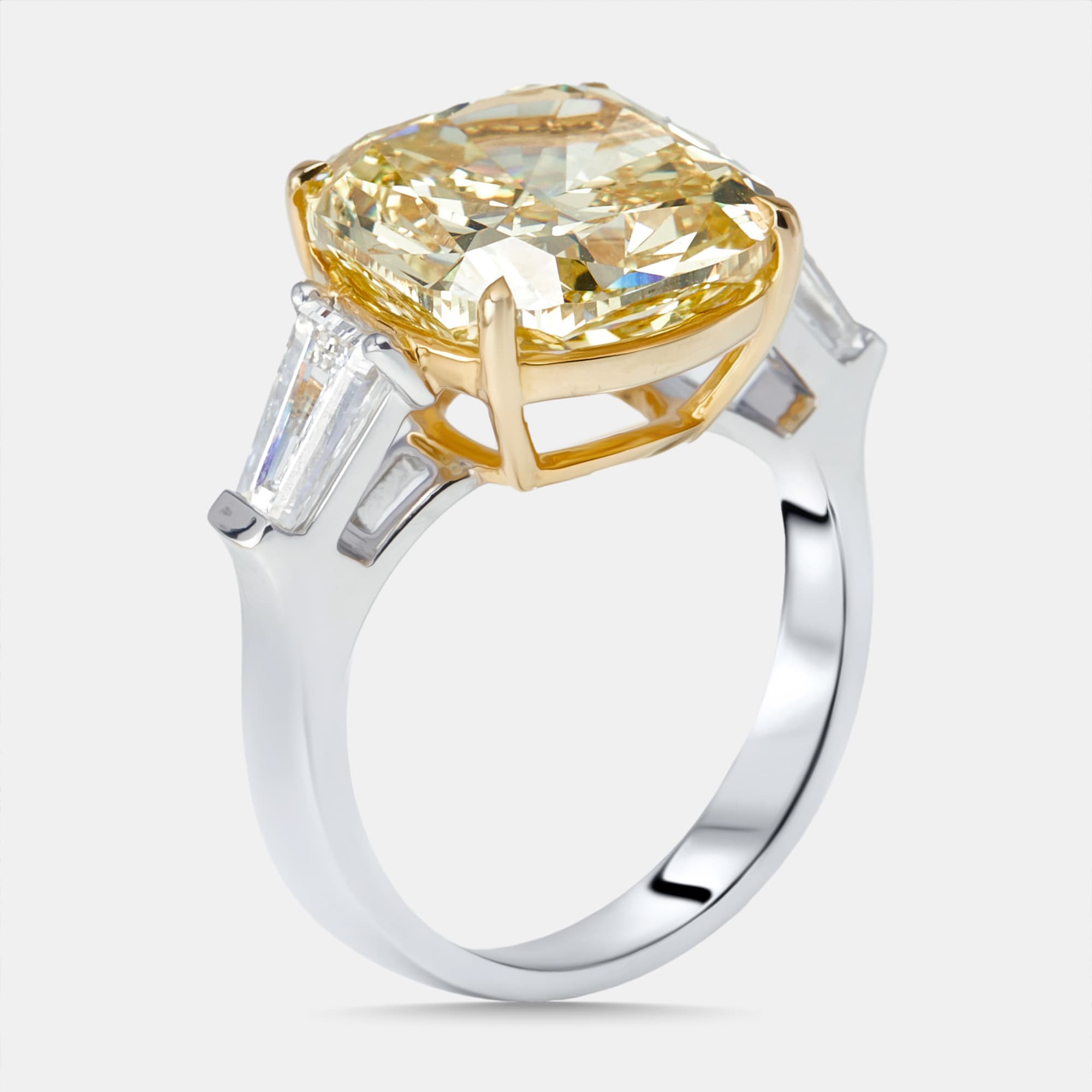 9.22 cts Fancy Yellow Cushion, Trapezoid Lab Grown Diamonds 18k Two Tone Gold Ring Size 53