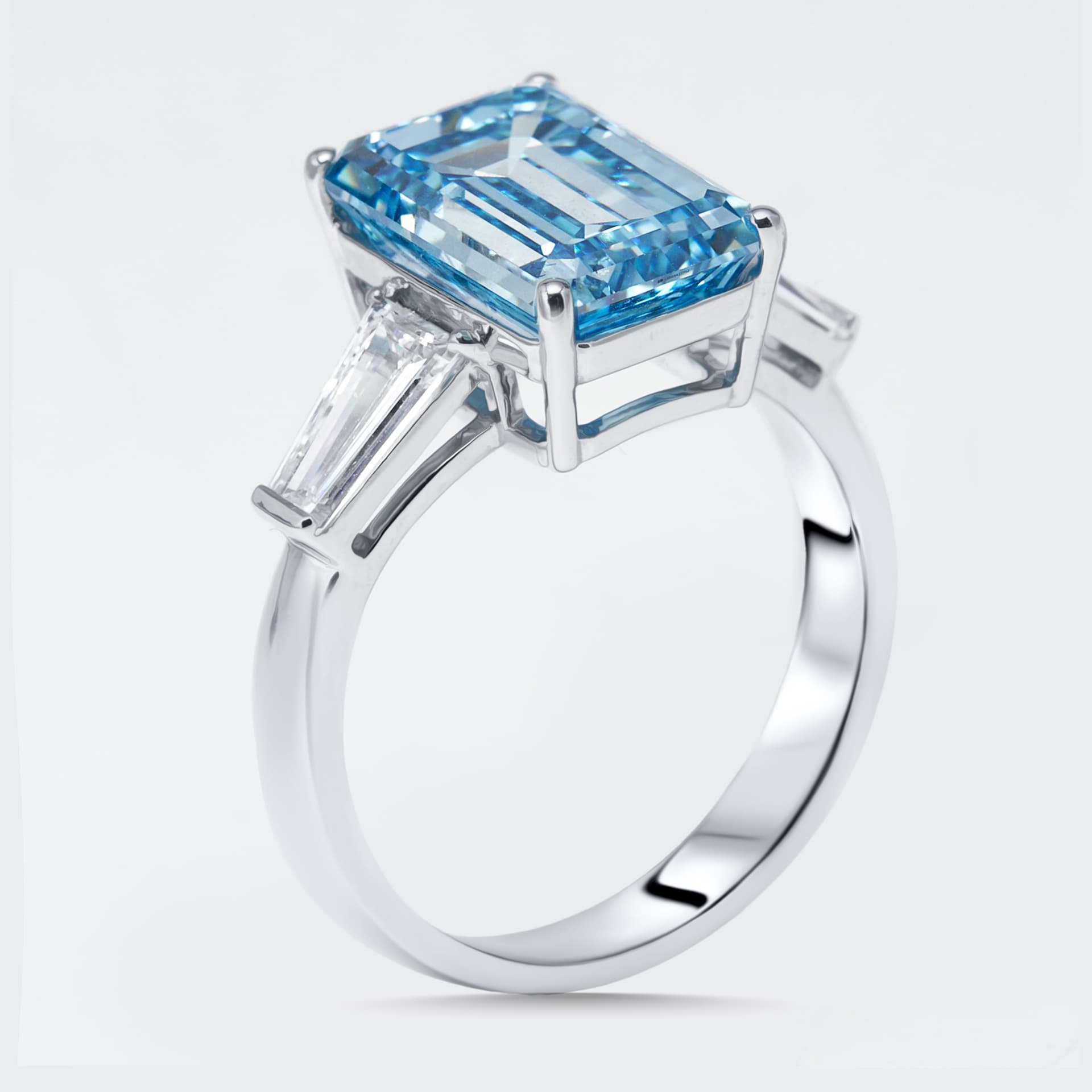 5.8 cts Vivid Blue Emerald Cut, Trapezoid Lab Grown Diamonds 18k White Gold Ring Size 53