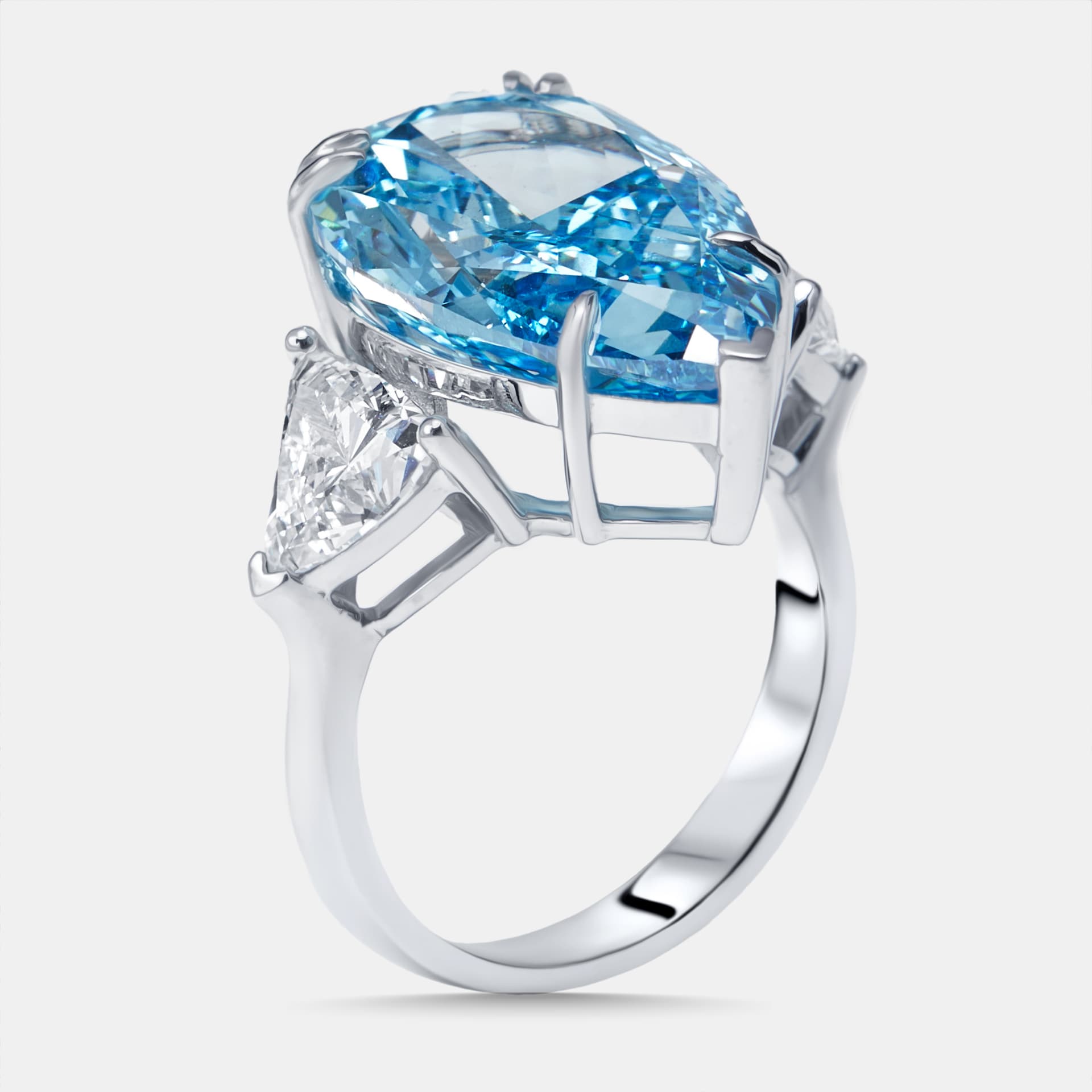 13.3 cts Vivid Blue Pear, Trillion Lab Grown Diamonds 18k White Gold Ring Size 53