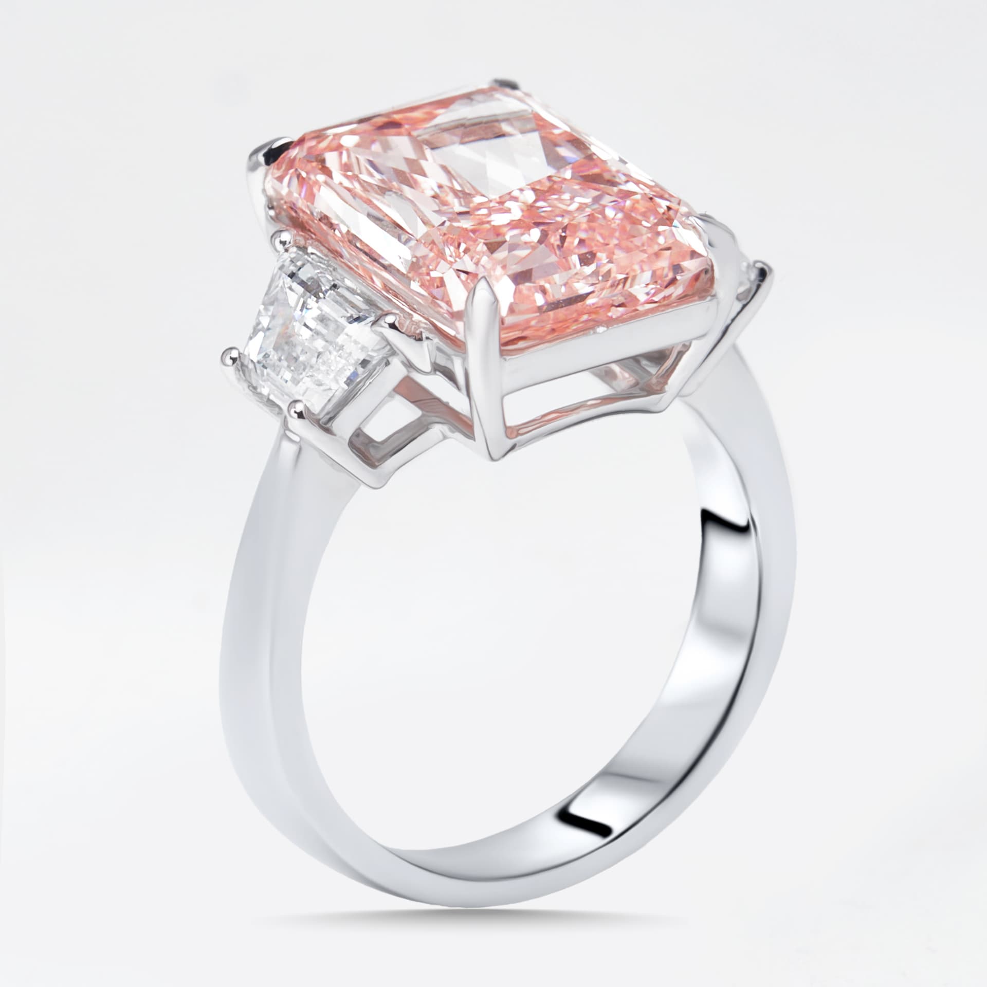 8.1 cts Pink Radiant, Trapazoid Lab Grown Diamonds 18k White Gold Ring Size 54