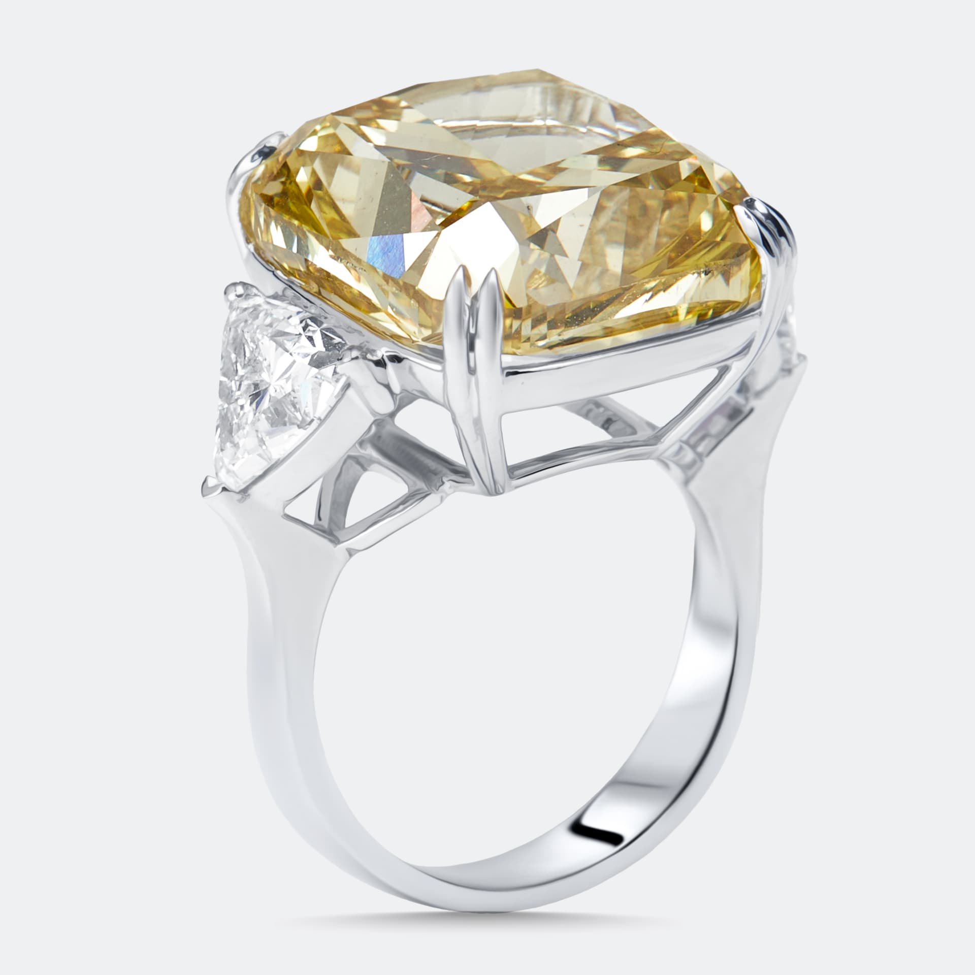 22 cts Fancy Yellow Cushion, Trillion Lab Grown Diamonds 18k White Gold Ring Size 55