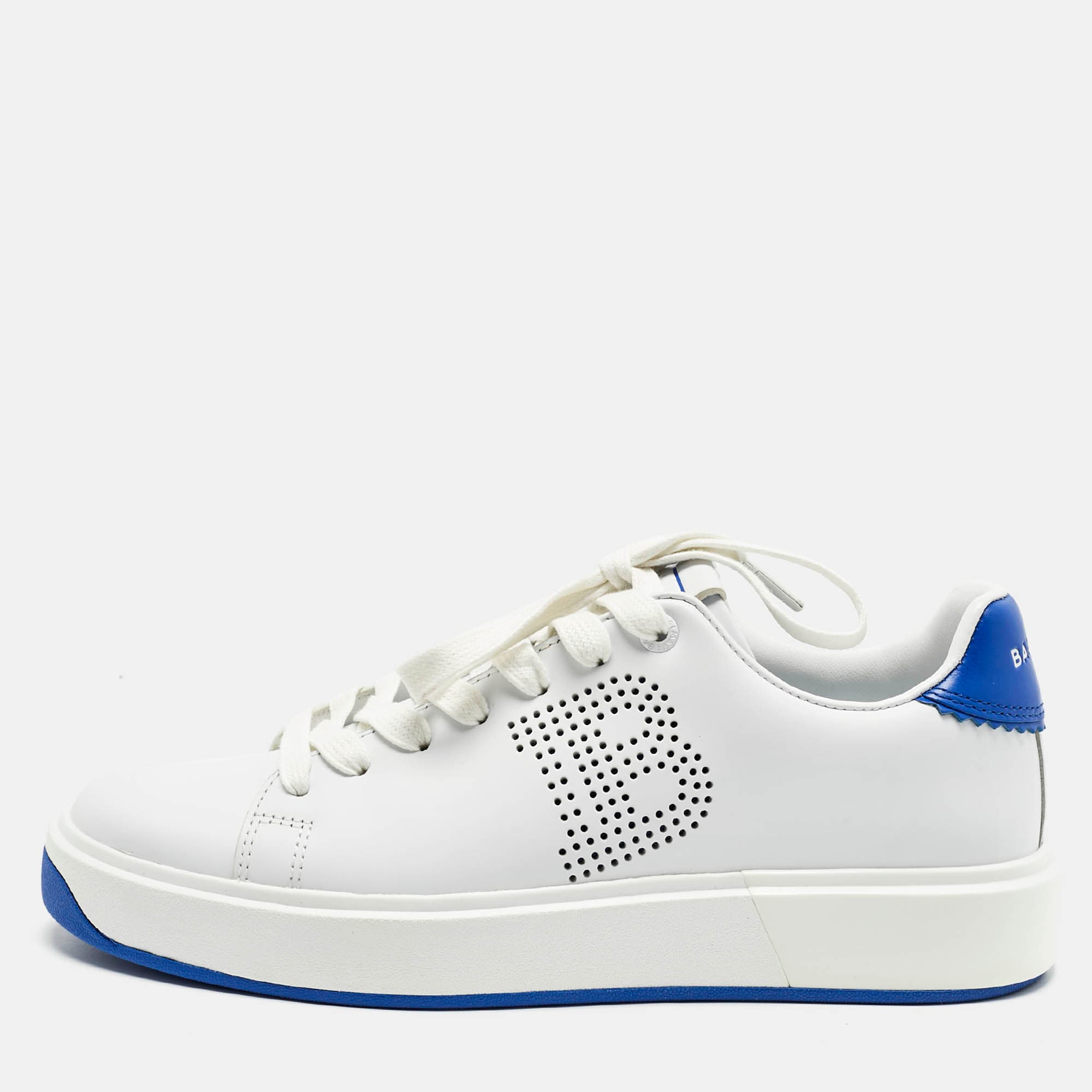 Balmain White/Blue Leather Lace Up Trainer Sneakers Size 37