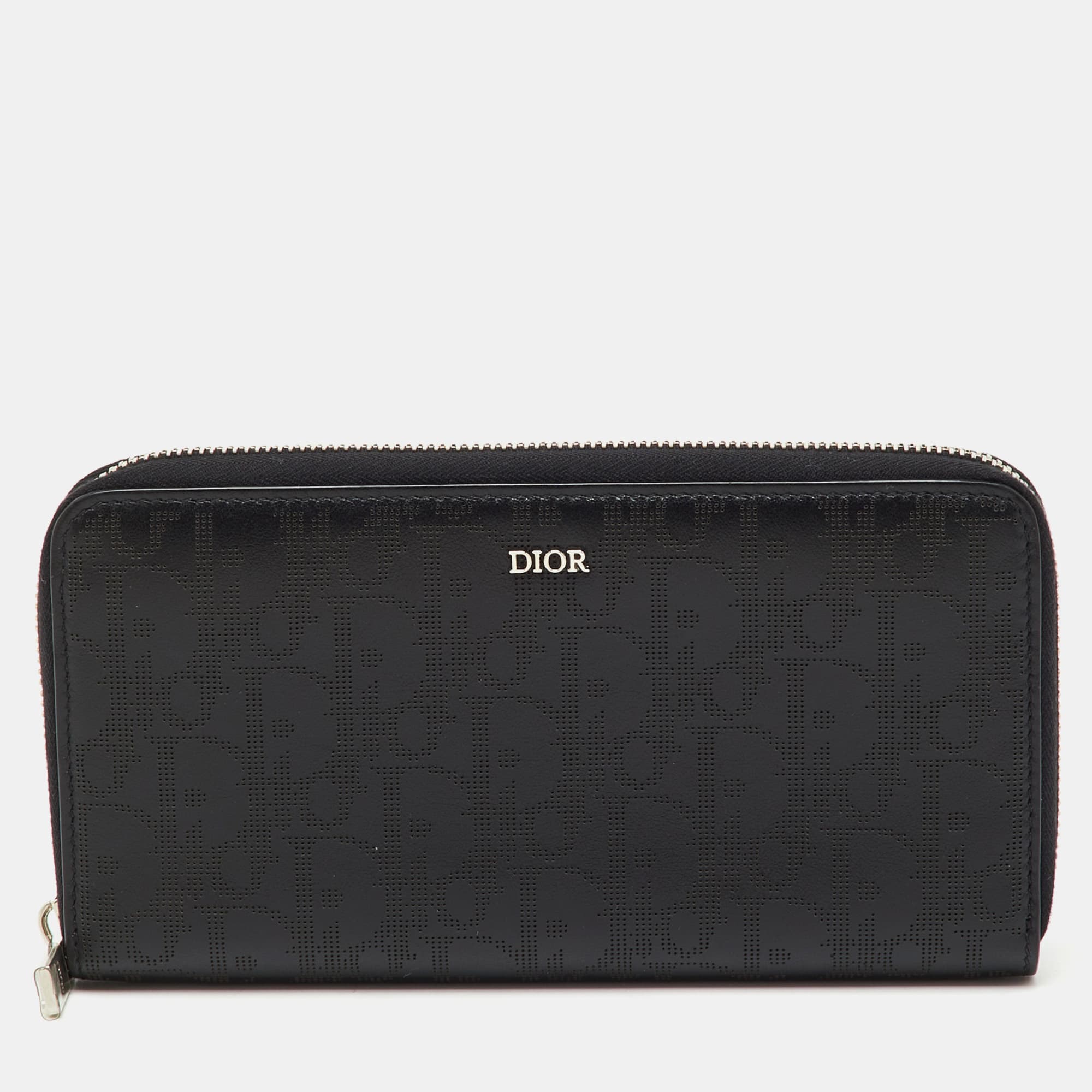 Dior Black Oblique Leather Voyageur Long Zip Around Wallet