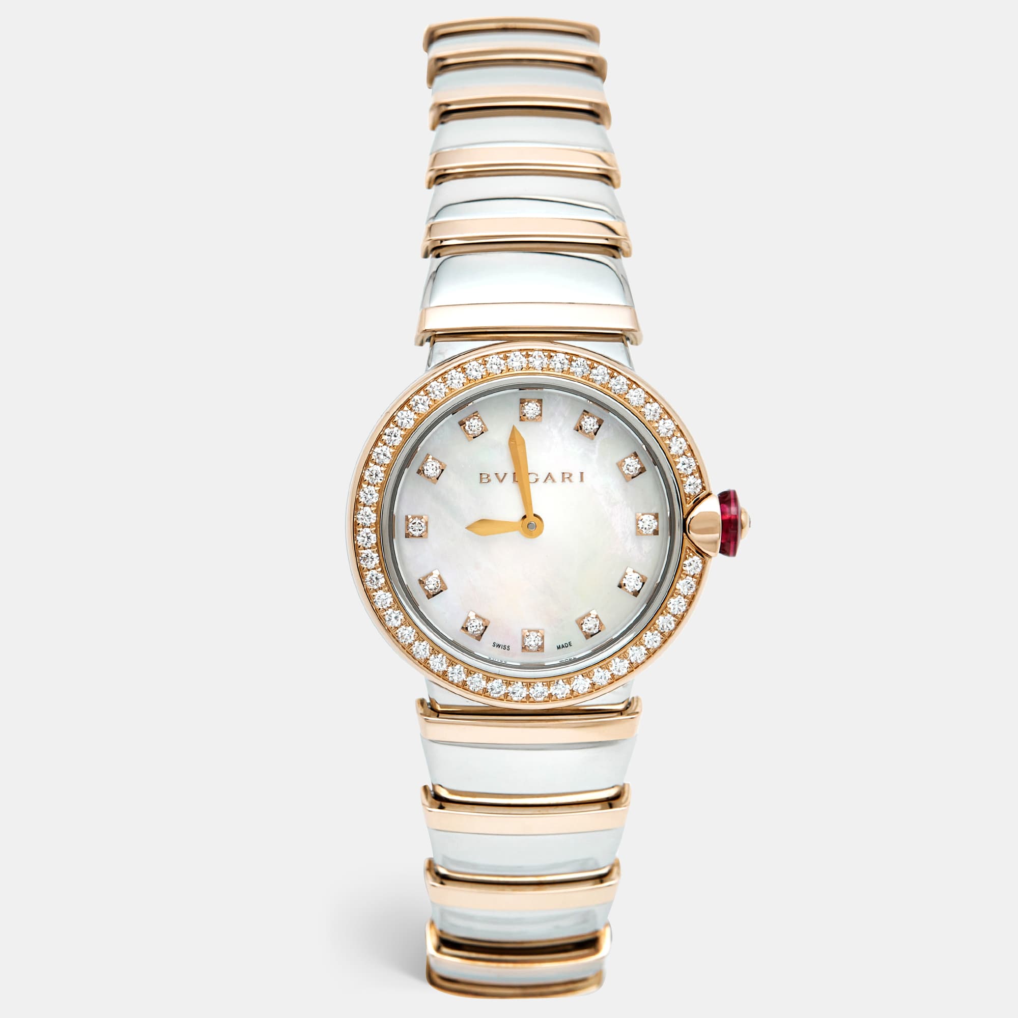 Bvlgari Lvcea 102475 White Mother of Pearl Dial Diamond 18K Rose Gold Stainless Steel Women's Wristwatch 28 mm