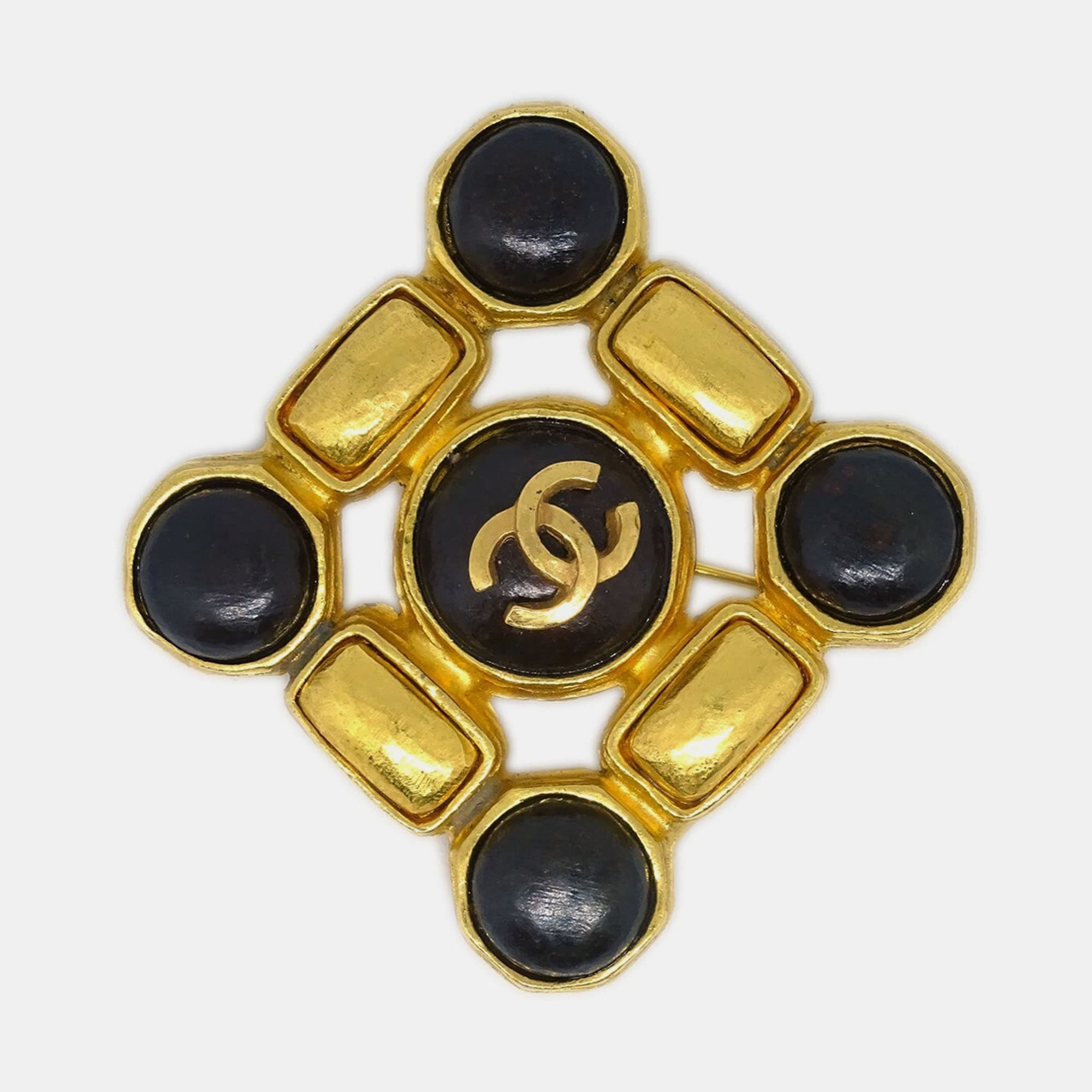 Chanel Stone Brooch Pin Gold