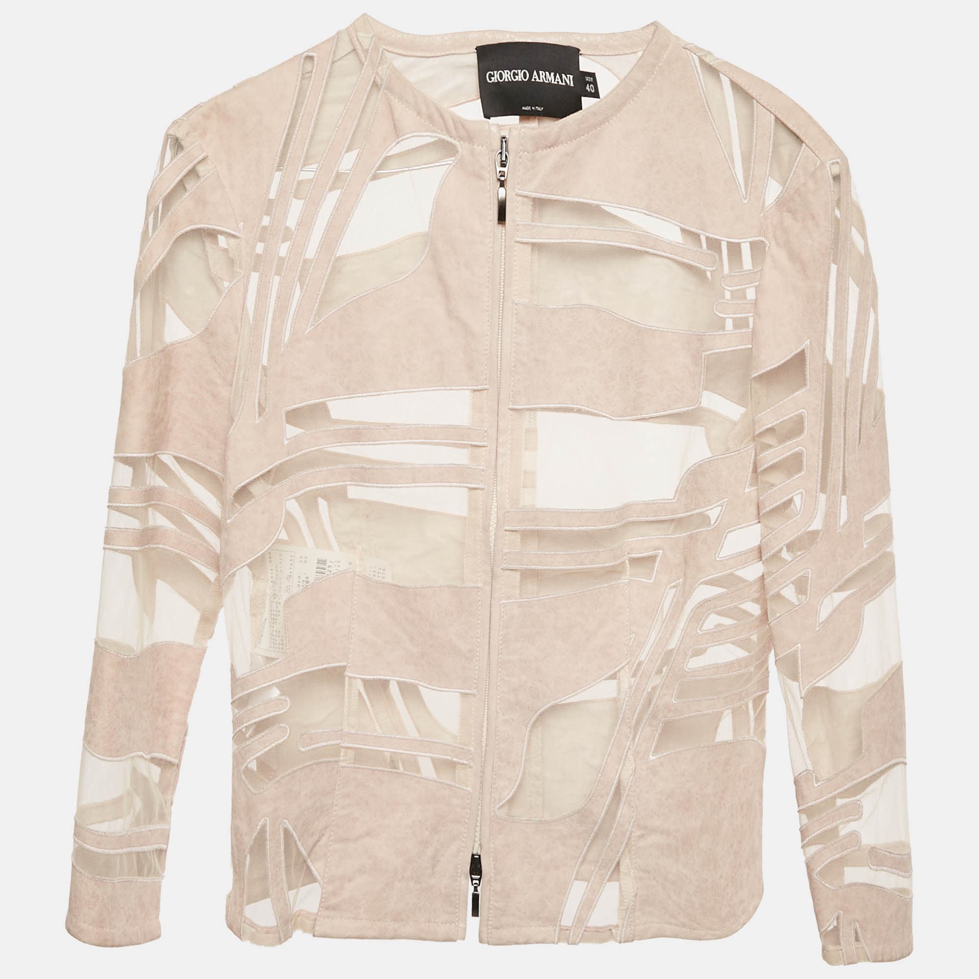 Giorgio Armani Pink Suede and Tulle Zip-Up Jacket S